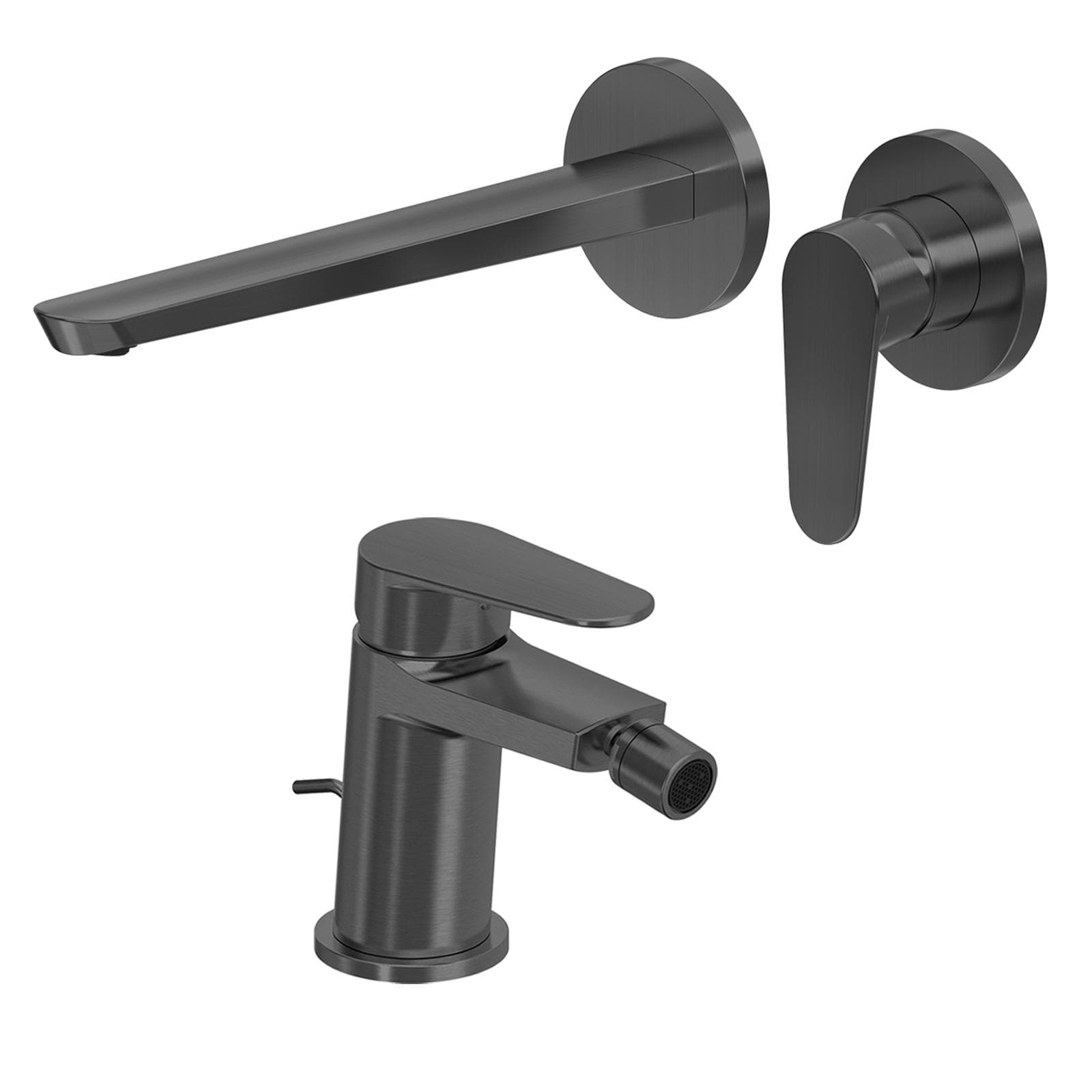 Set miscelatore lavabo a muro canna 25 cm e bidet con scarico nero spazzolato – Lir