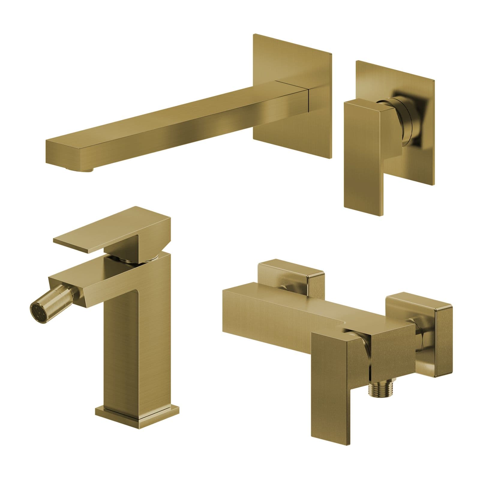 Set miscelatore lavabo a muro canna 25 e bidet con esterno doccia oro spazzolato – Kyria