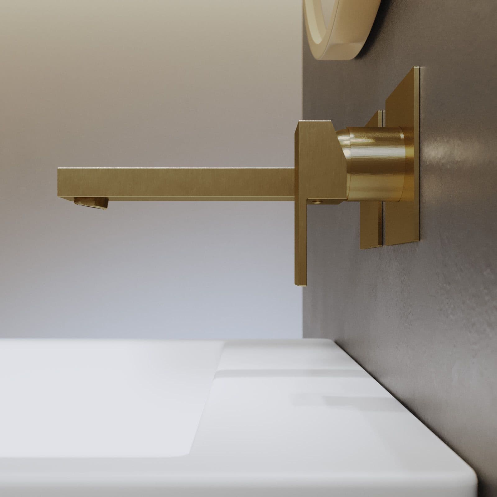Set miscelatore lavabo a muro canna 25 e bidet con esterno doccia oro spazzolato – Kyria