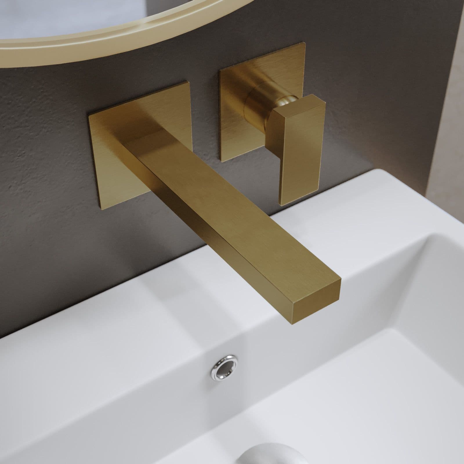 Set miscelatore lavabo a muro canna 25 e bidet con esterno doccia oro spazzolato – Kyria