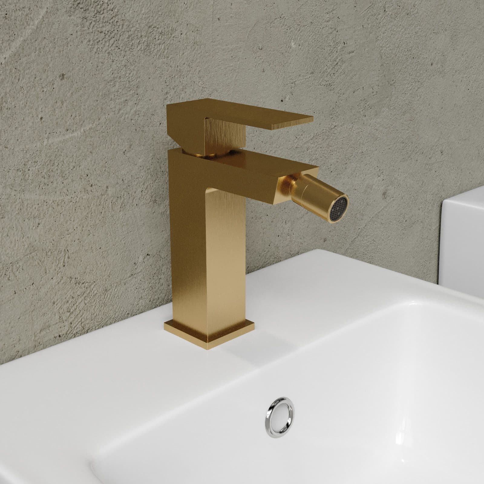 Set miscelatore lavabo a muro canna 25 e bidet con esterno doccia oro spazzolato – Kyria