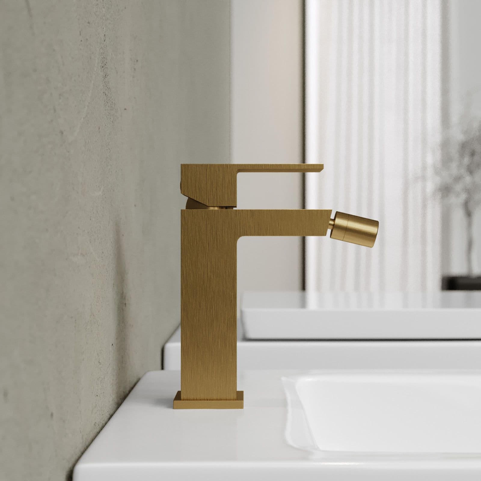 Set miscelatore lavabo a muro canna 25 e bidet con esterno doccia oro spazzolato – Kyria