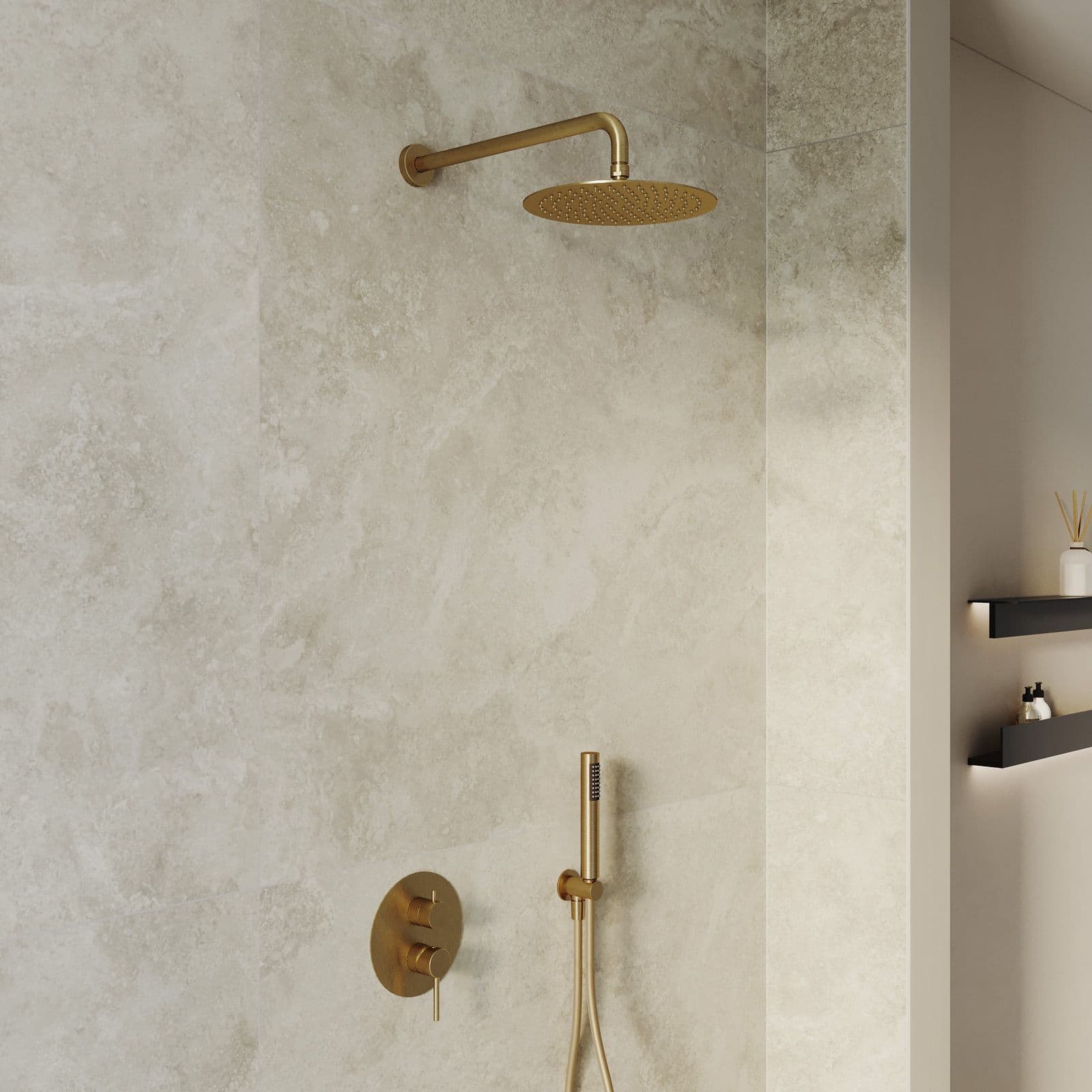 Set miscelatore lavabo a muro e bidet con incasso doccia oro spazzolato – Oasis