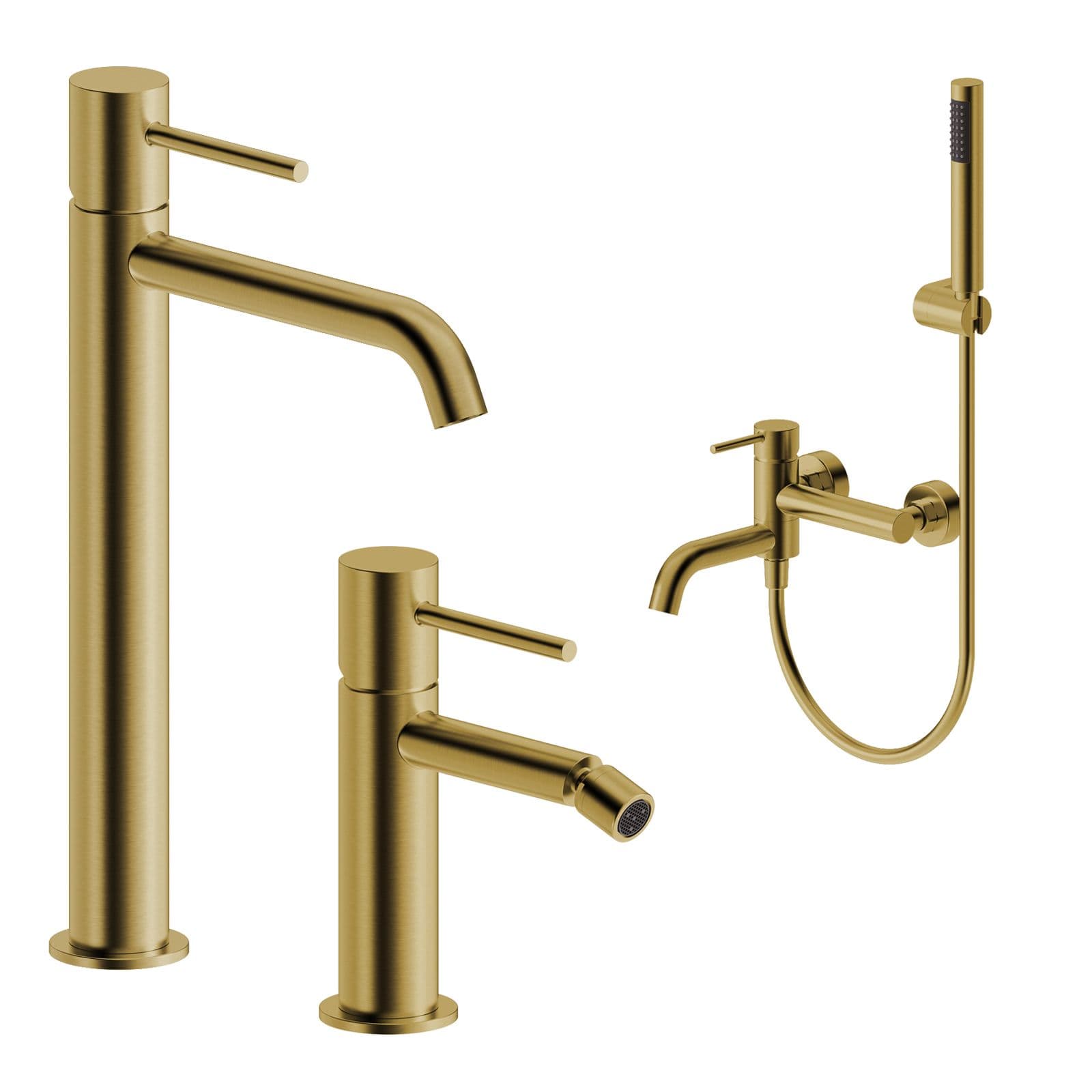 Set miscelatore lavabo alto e bidet con esterno vasca oro spazzolato – Oasis
