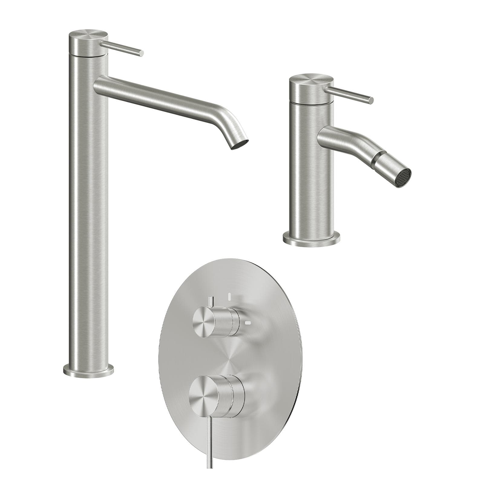 Set miscelatore lavabo alto e bidet con incasso doccia con deviatore acciaio inox 316 – Pure