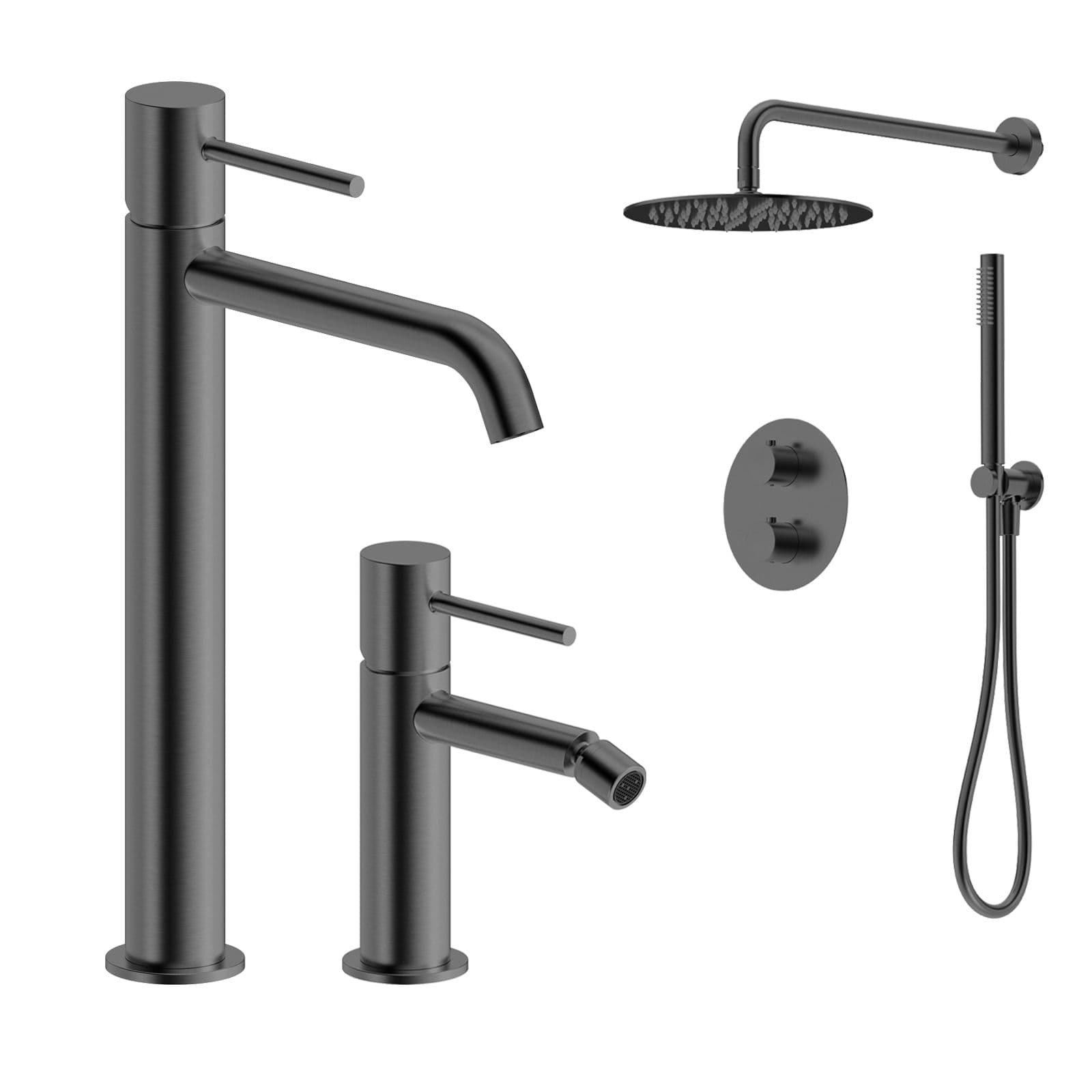 Set miscelatore lavabo alto e bidet con incasso doccia termostatico nero spazzolato – Oasis