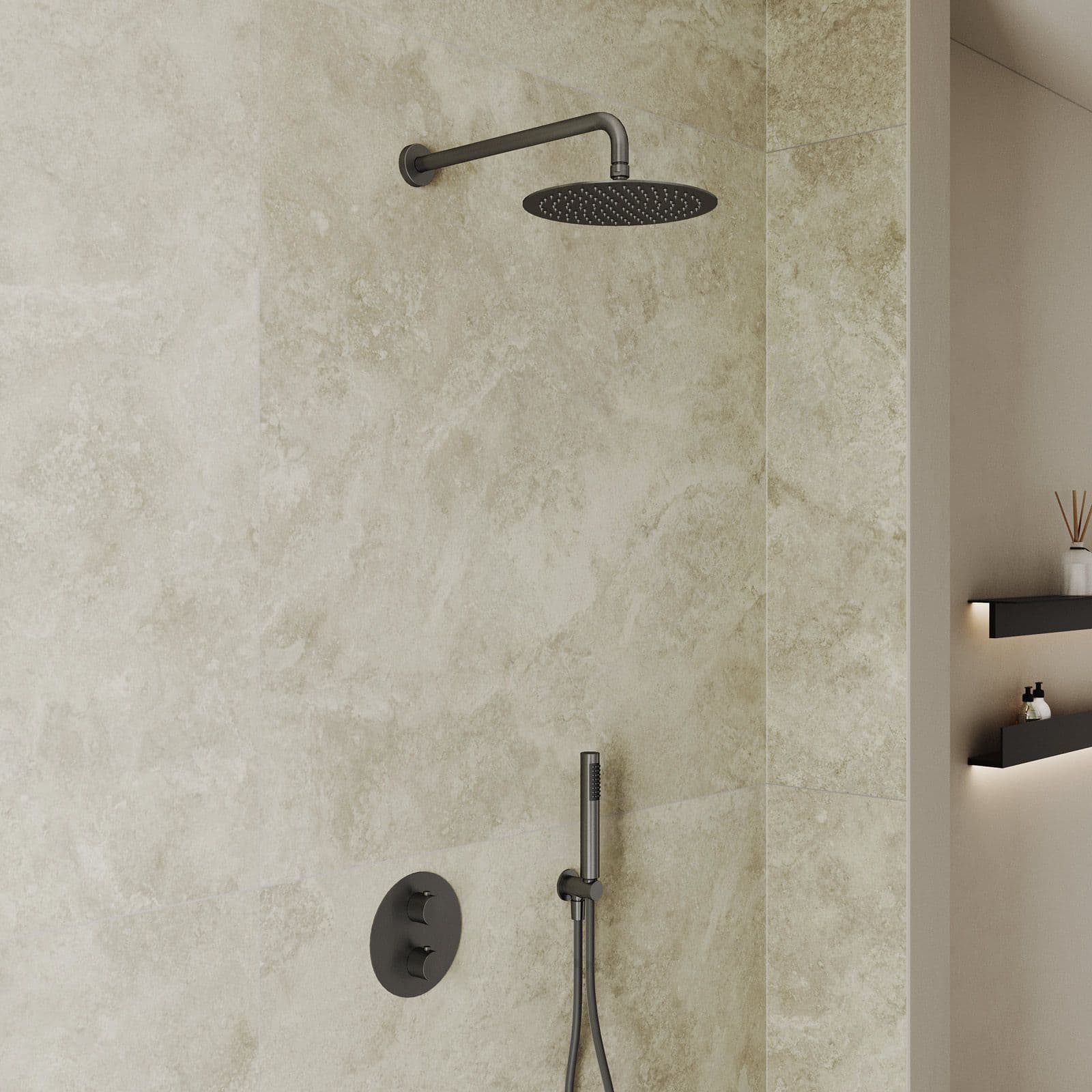 Set miscelatore lavabo alto e bidet con incasso doccia termostatico nero spazzolato – Oasis