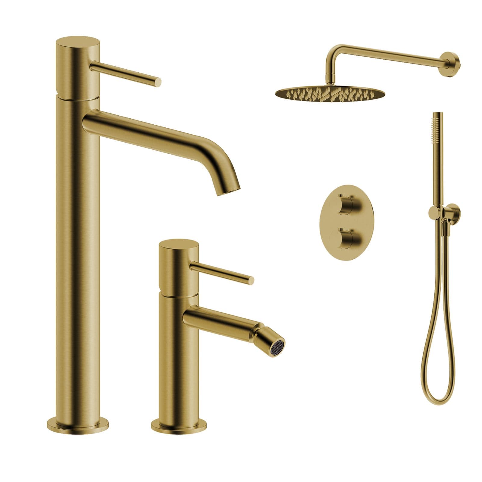 Set miscelatore lavabo alto e bidet con incasso doccia termostatico oro spazzolato – Oasis