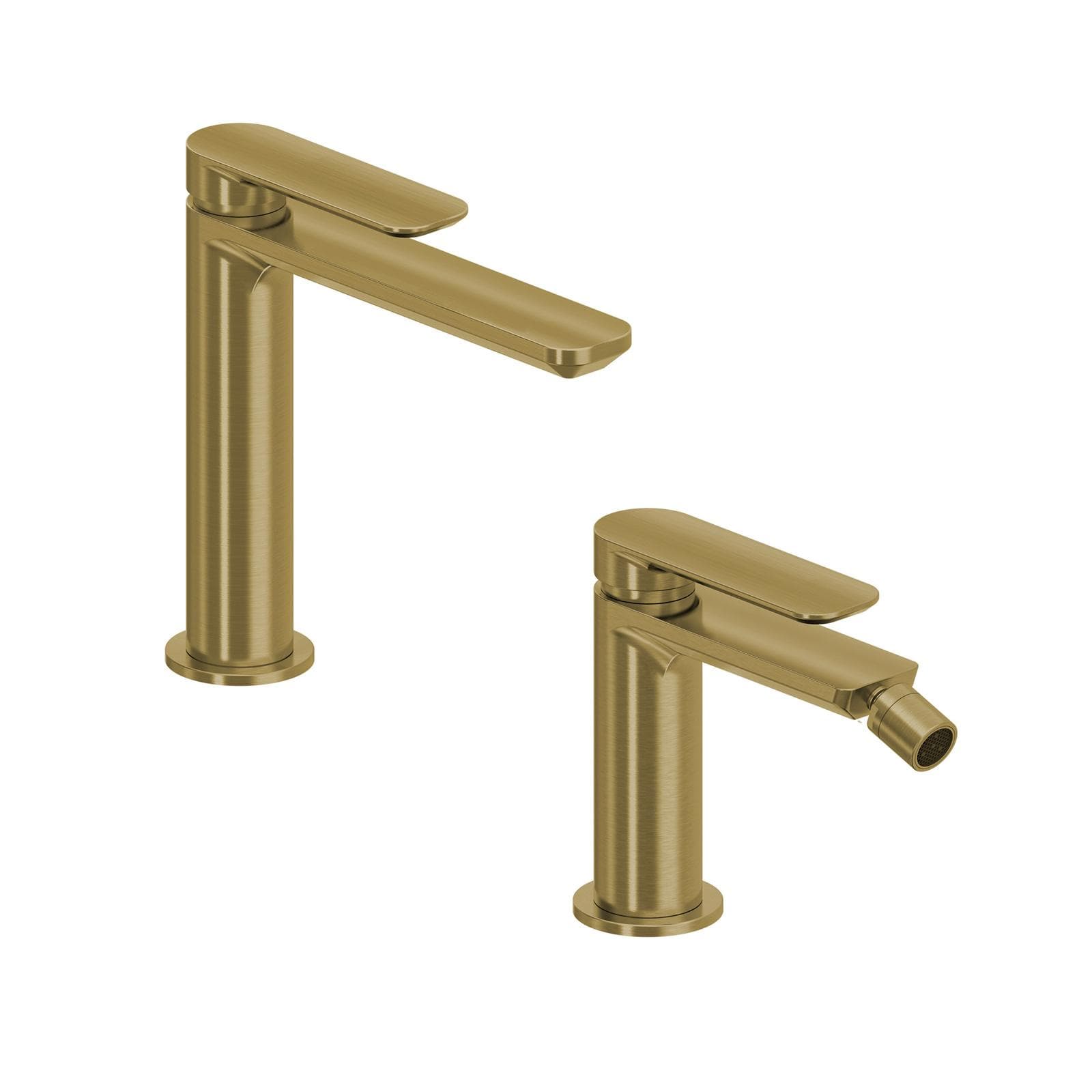 Set miscelatore lavabo bocca lunga e bidet oro spazzolato – Fusion