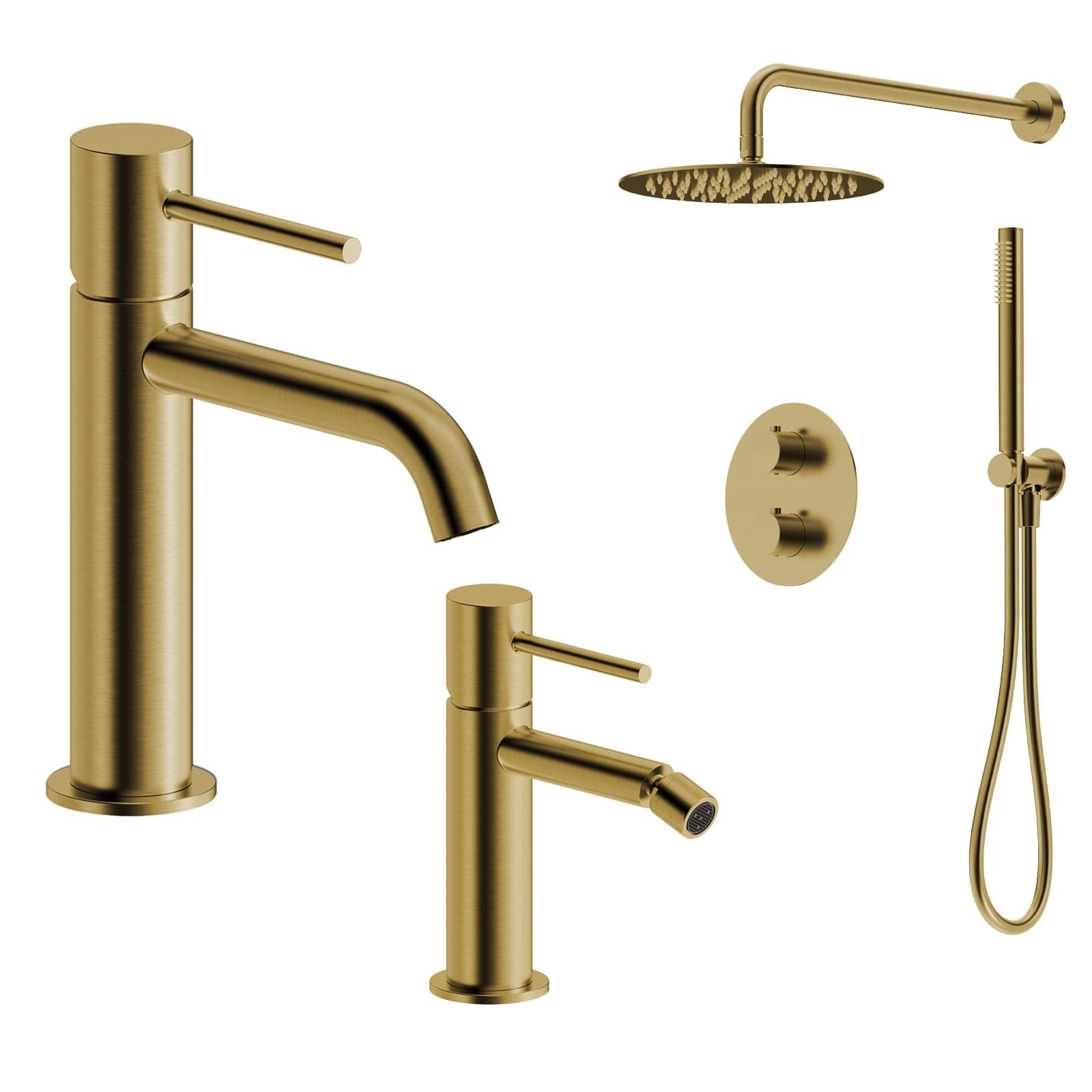 Set miscelatore lavabo e bidet con incasso doccia termostatico oro spazzolato – Oasis