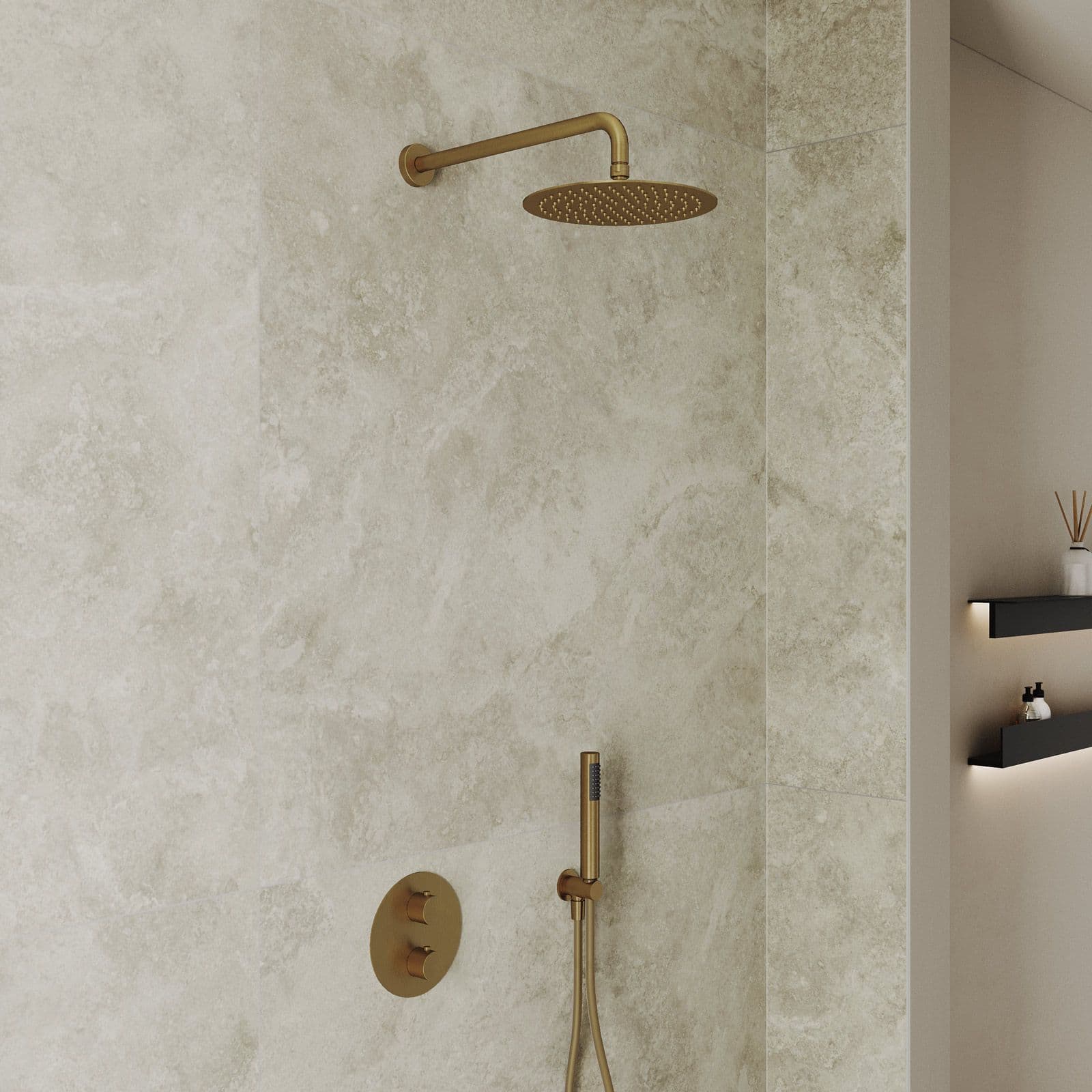 Set miscelatore lavabo e bidet con incasso doccia termostatico oro spazzolato – Oasis