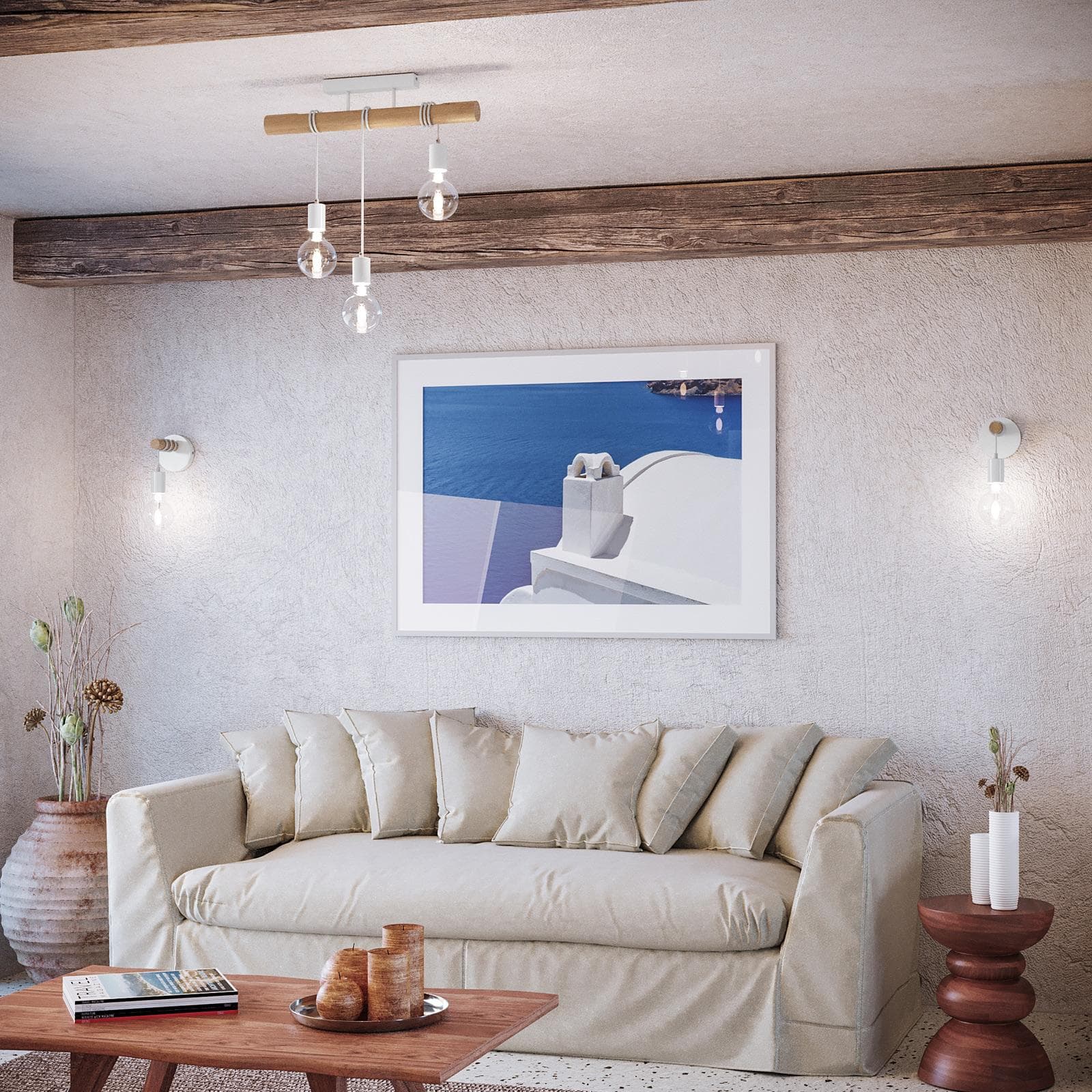 Set plafoniera + 2 applique in metallo bianco con supporti in legno