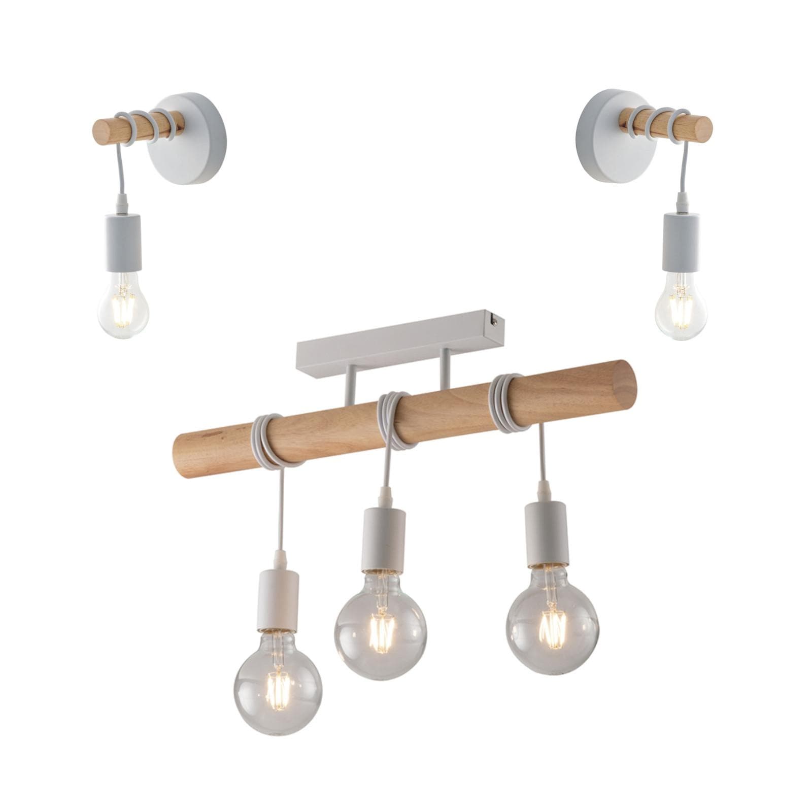 Set plafoniera + 2 applique in metallo bianco con supporti in legno