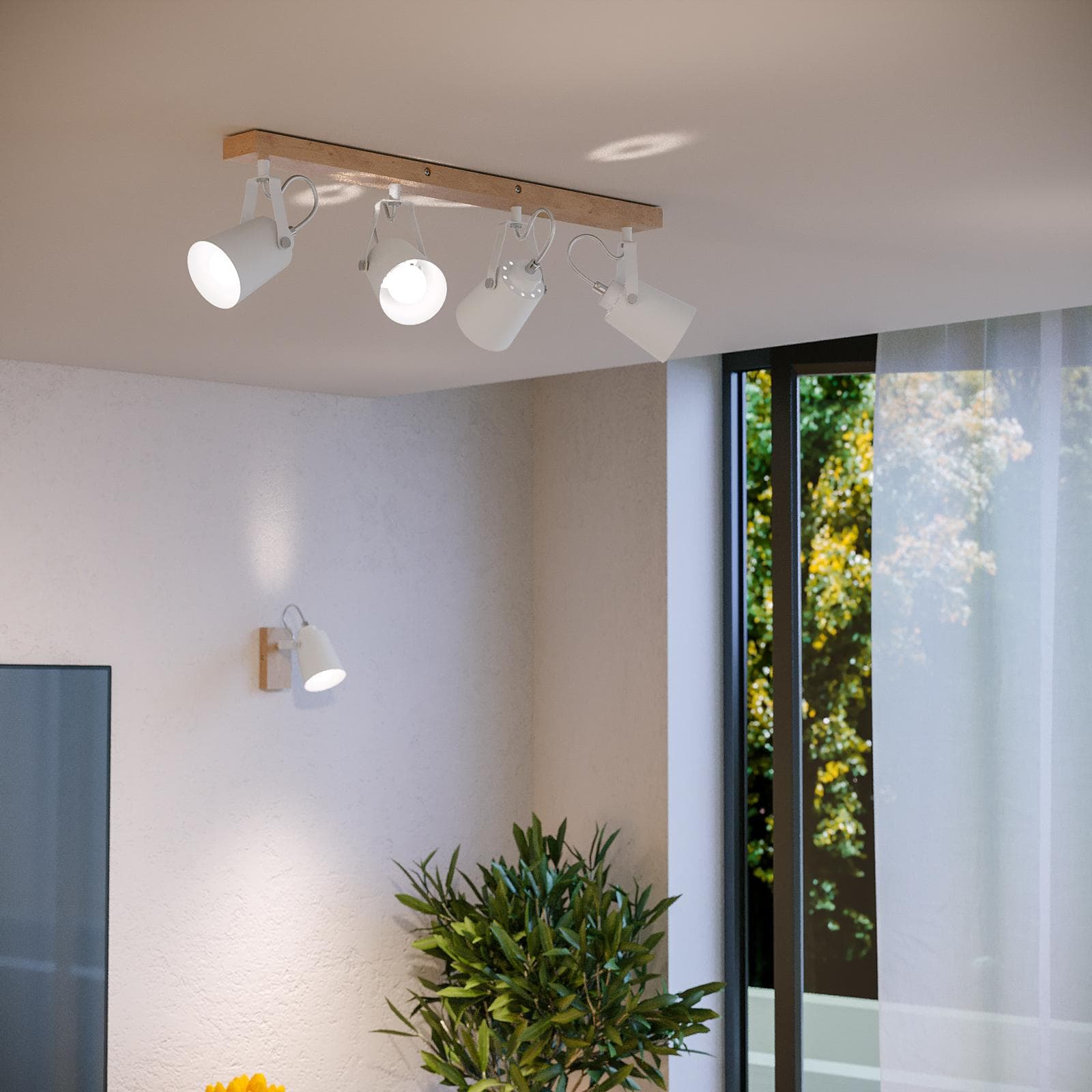 Set plafoniera 4 spot orientabili e 2 applique in metallo bianco opaco con base effetto legno