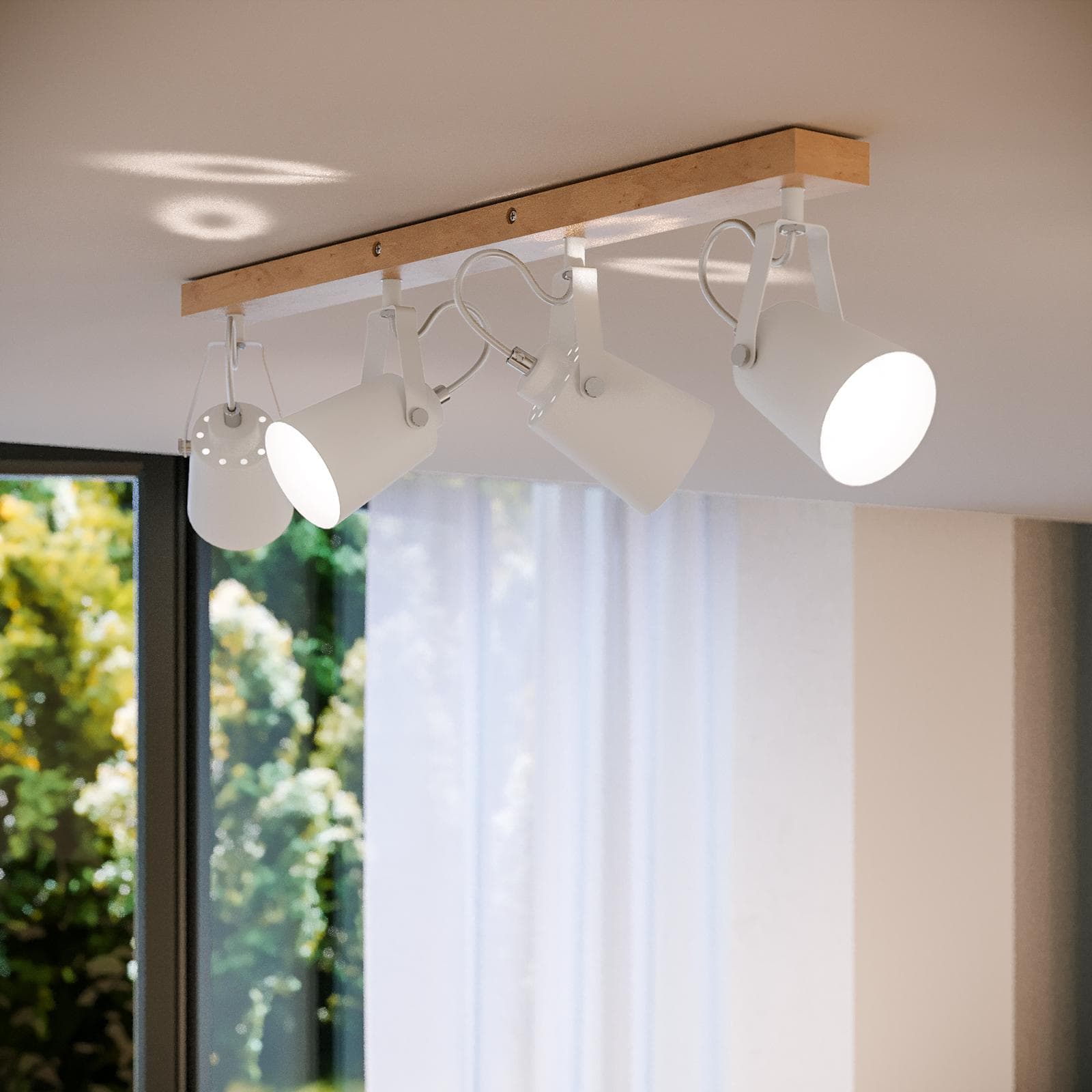 Set plafoniera 4 spot orientabili e 2 applique in metallo bianco opaco con base effetto legno