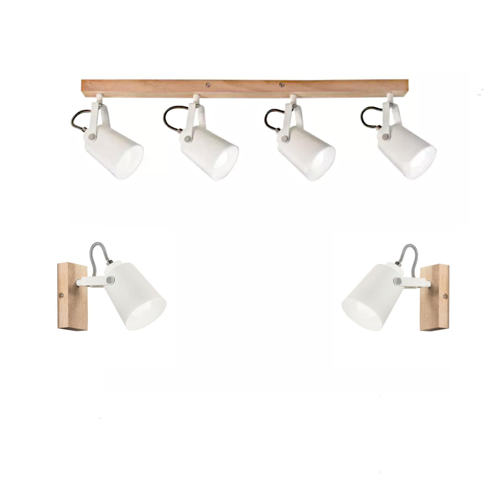 Set plafoniera 4 spot orientabili e 2 applique in metallo bianco opaco con base effetto legno