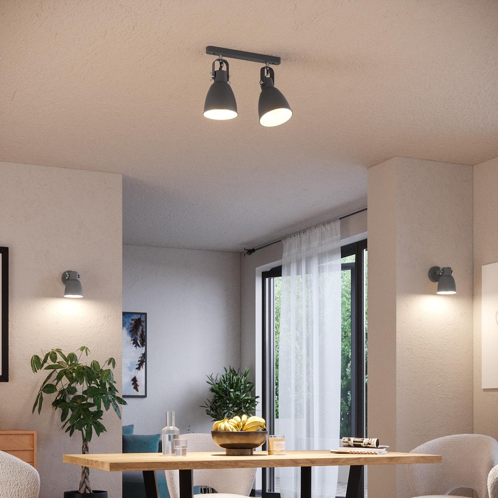 Set plafoniera da 2 lampade e 2 applique in metallo grigio