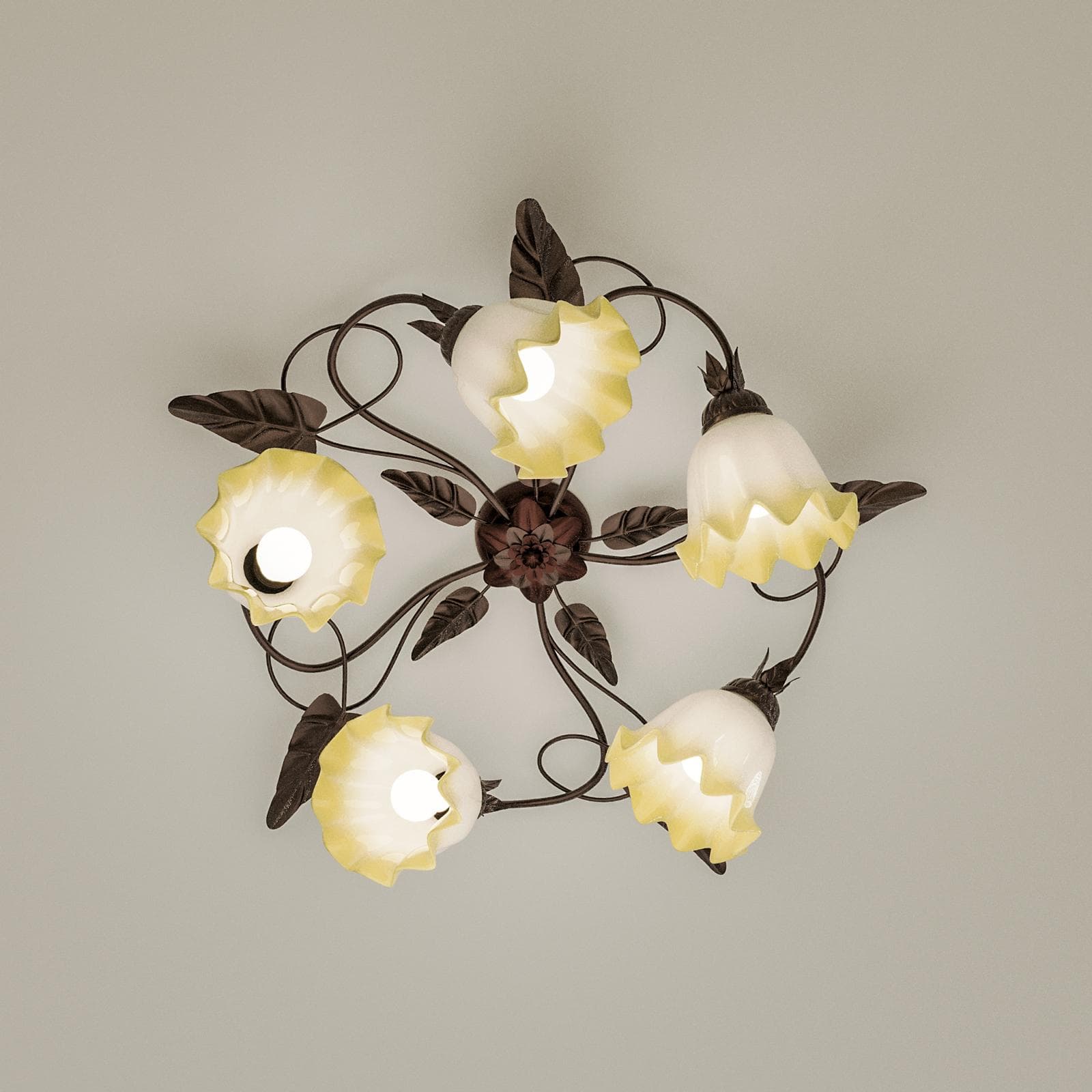 Set plafoniera rotonda 68 cm e 2 applique in metallo marrone con decorazione foglie