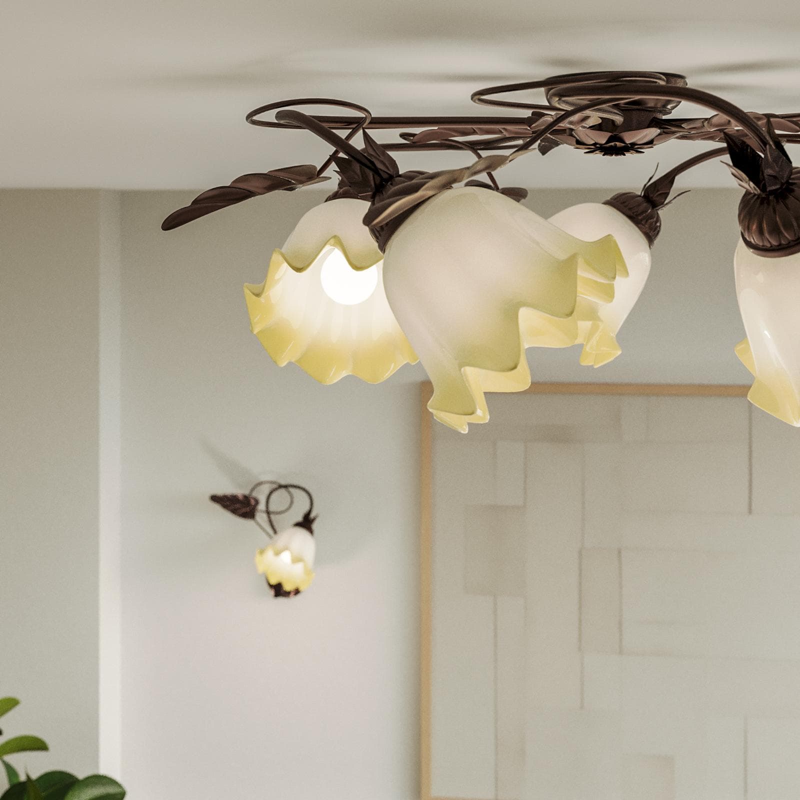 Set plafoniera rotonda 68 cm e 2 applique in metallo marrone con decorazione foglie