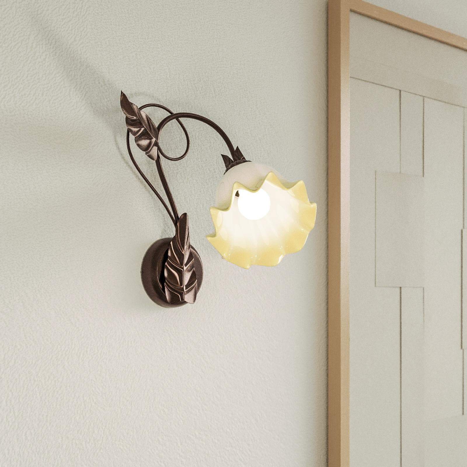 Set plafoniera rotonda 68 cm e 2 applique in metallo marrone con decorazione foglie