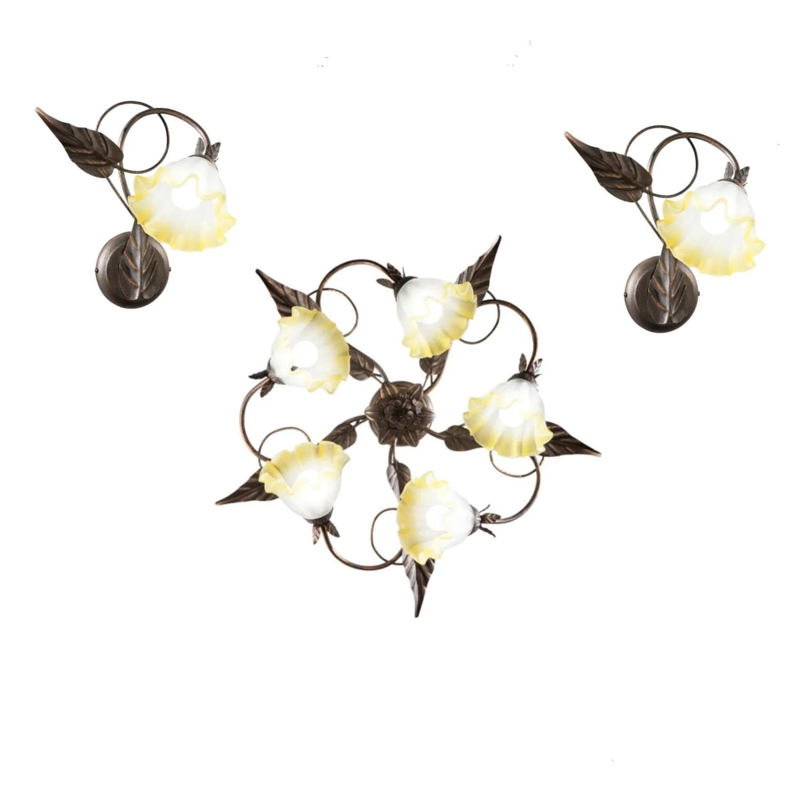 Set plafoniera rotonda 68 cm e 2 applique in metallo marrone con decorazione foglie