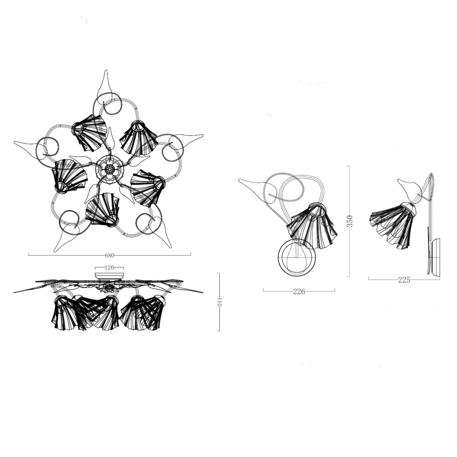 Set plafoniera rotonda 68 cm e 2 applique in metallo marrone con decorazione foglie