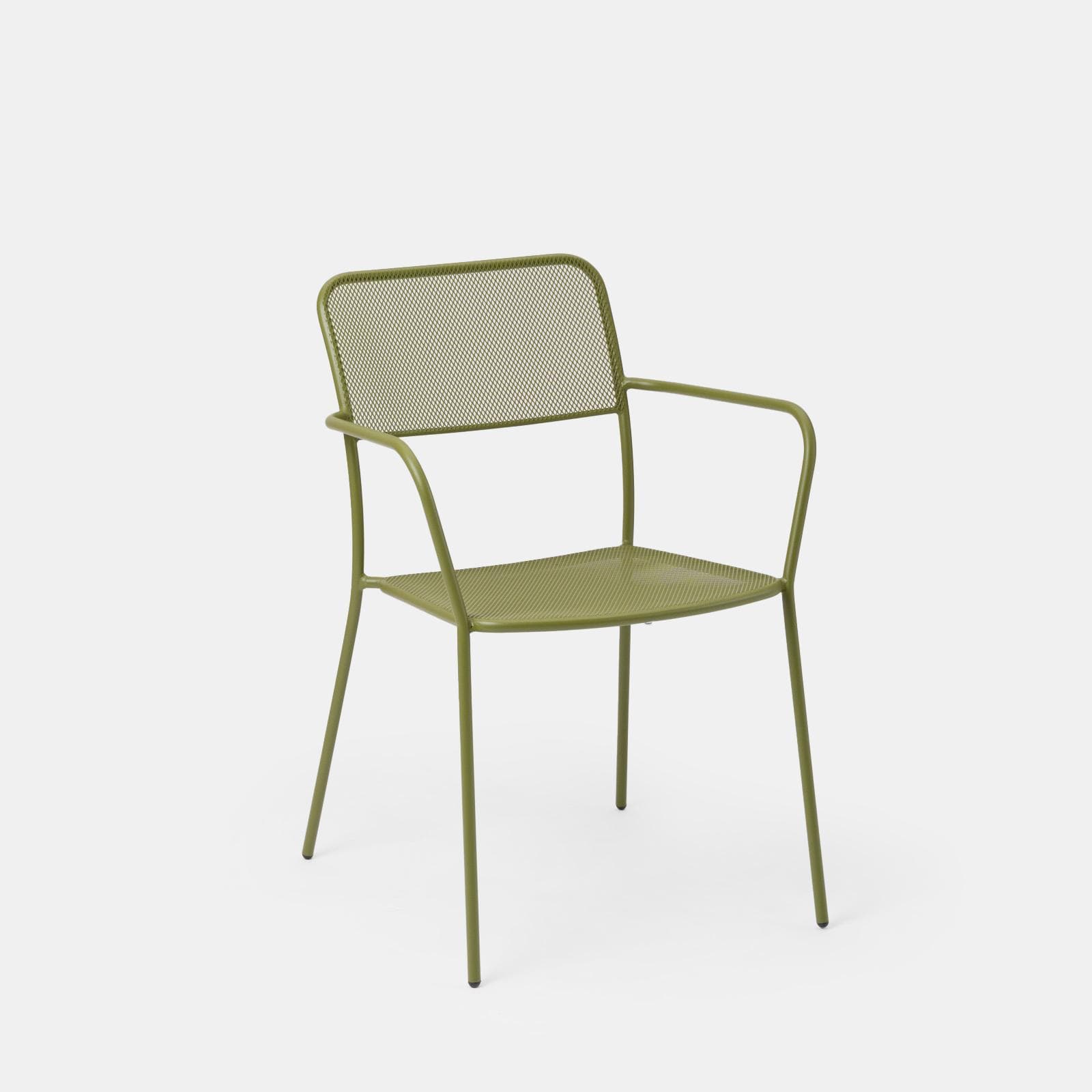 Set pranzo con tavolo 150x80 cm e 4 sedie con braccioli in acciaio verde oliva - Faber