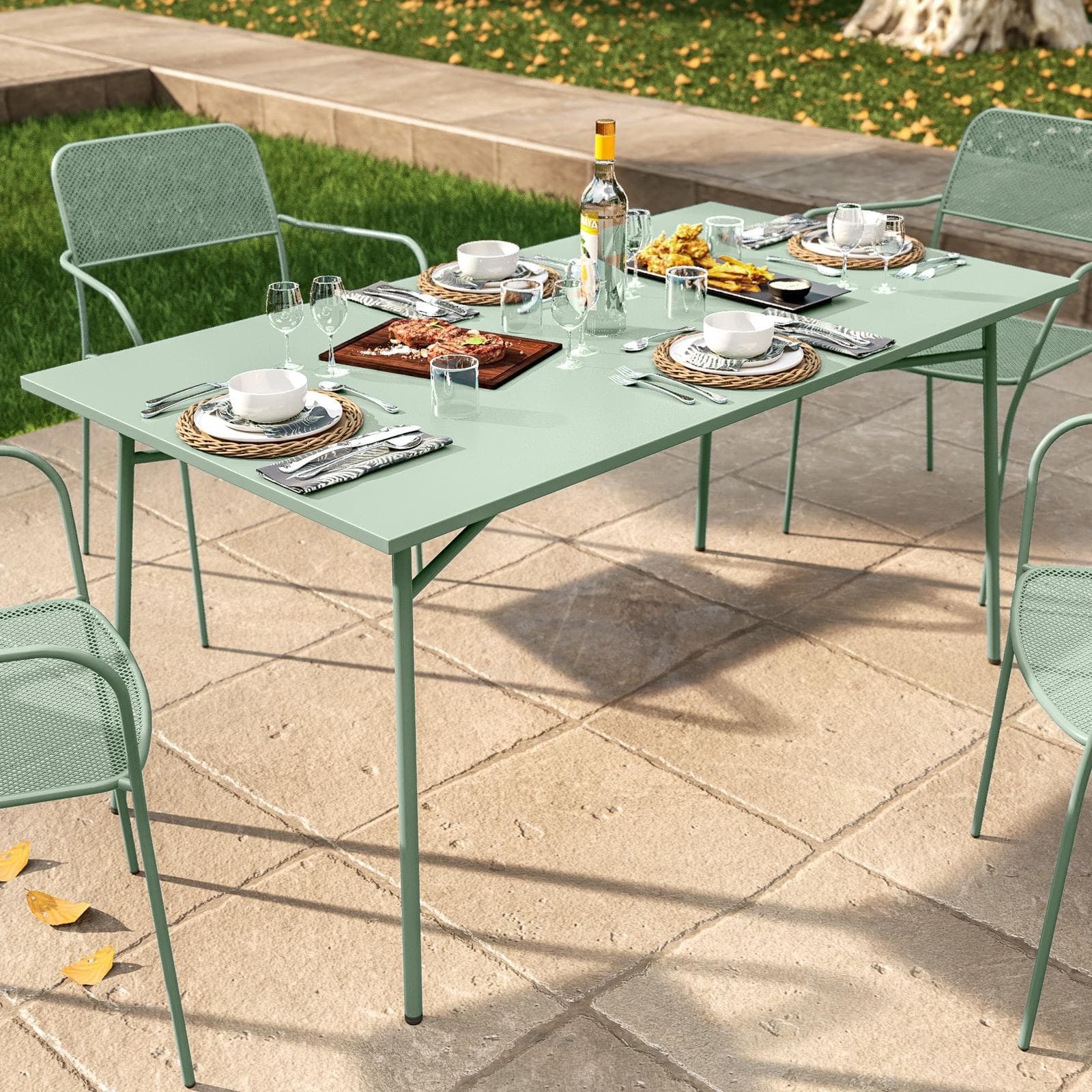 Set pranzo con tavolo 150x80 cm e 4 sedie con braccioli in acciaio verde marino - Faber