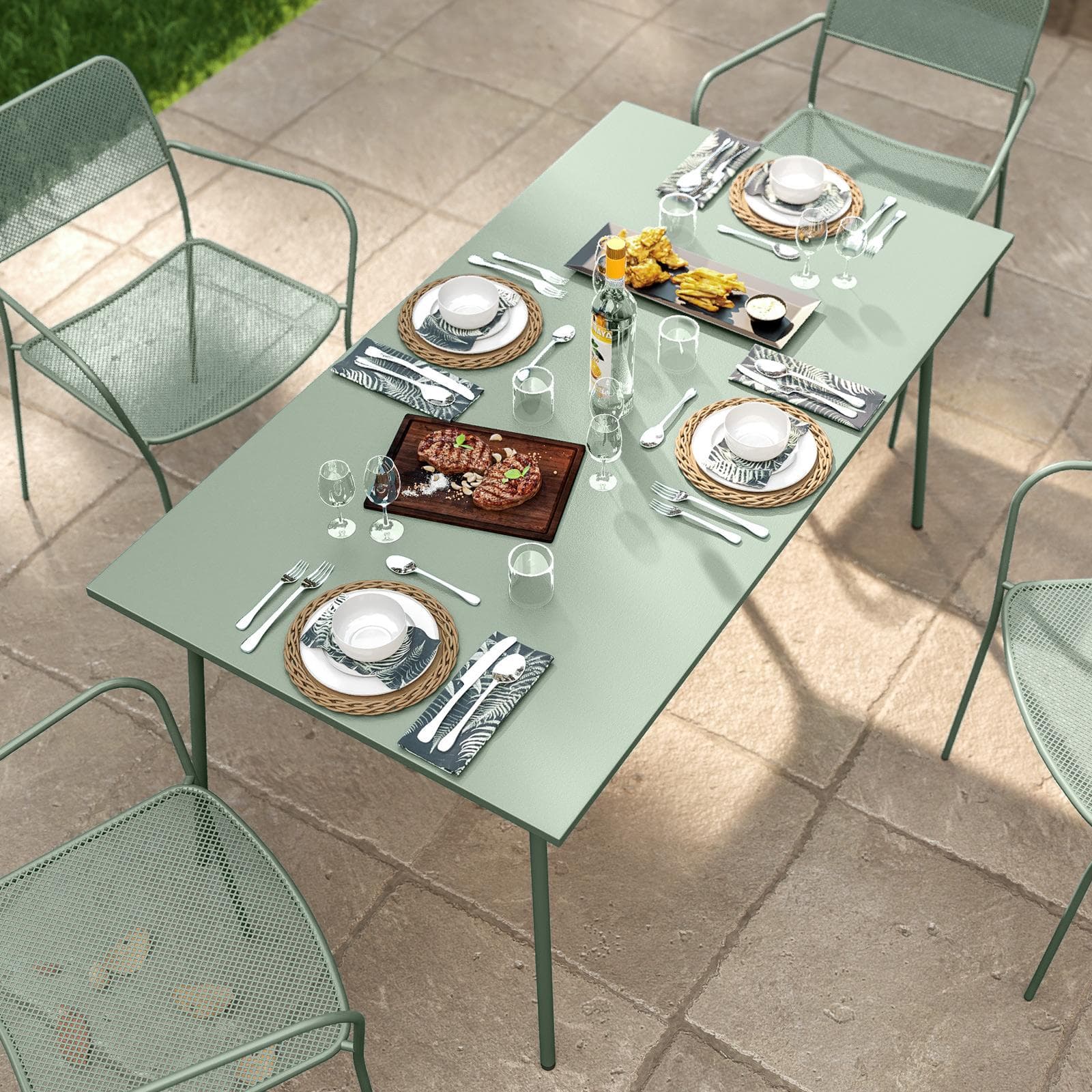 Set pranzo con tavolo 150x80 cm e 4 sedie con braccioli in acciaio verde marino - Faber