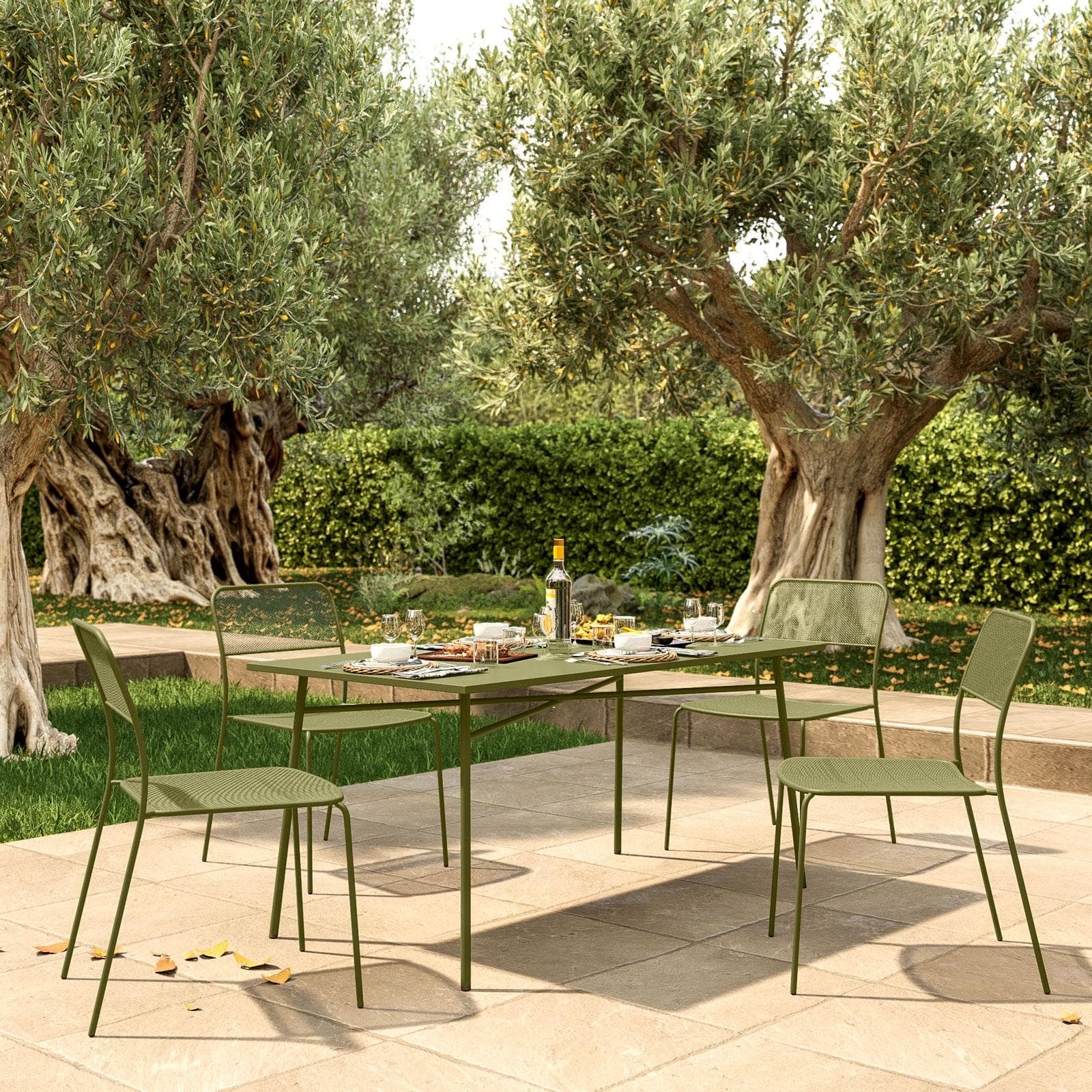 Set pranzo con tavolo 150x80 cm e 4 sedie in acciaio verde oliva - Faber