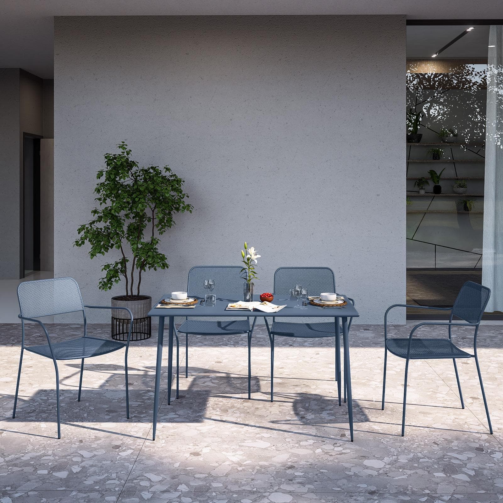 Set pranzo con tavolo 120x70 cm e 4 sedie con braccioli in acciaio blu oceano - Faber