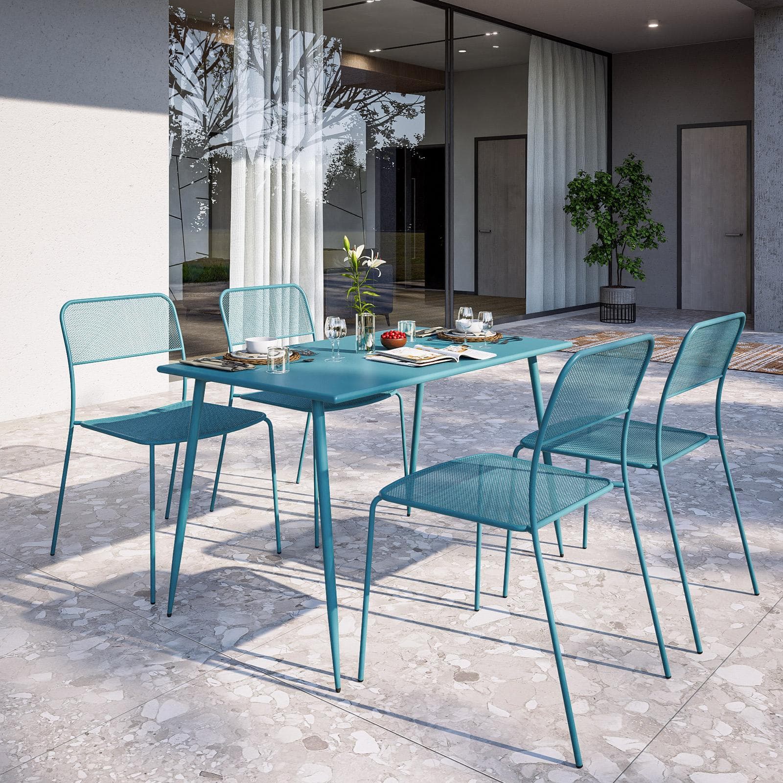 Set pranzo con tavolo 120x70 cm e 4 sedie in acciaio blu maldive - Faber