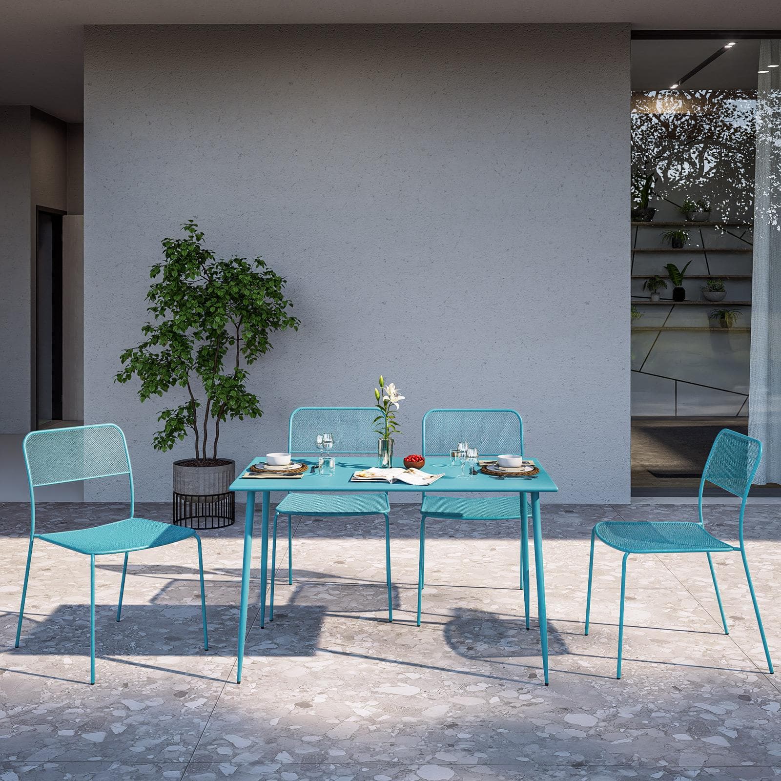 Set pranzo con tavolo 120x70 cm e 4 sedie in acciaio blu maldive - Faber