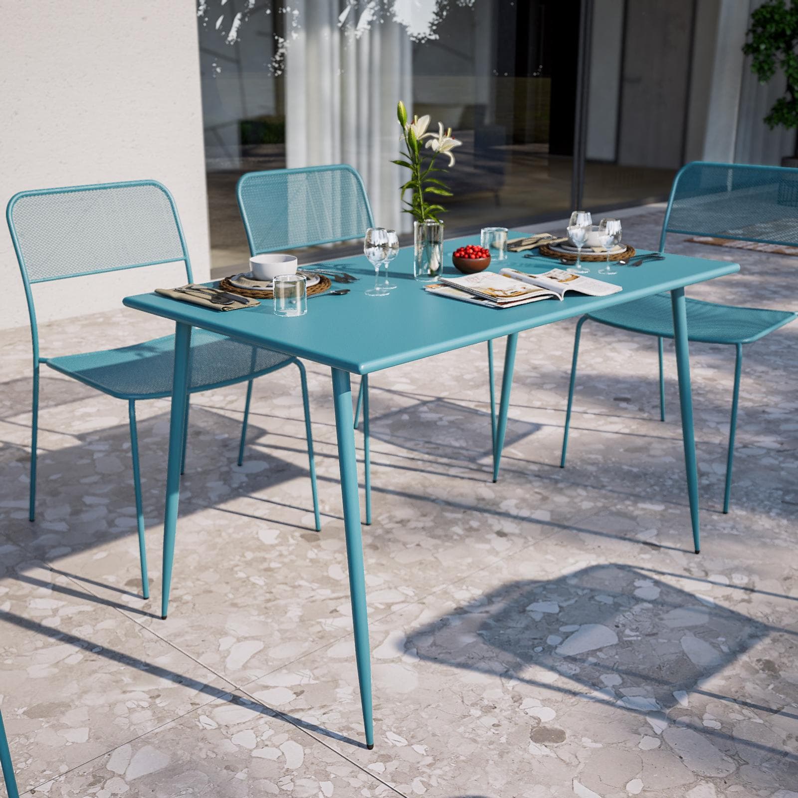 Set pranzo con tavolo 120x70 cm e 4 sedie in acciaio blu maldive - Faber
