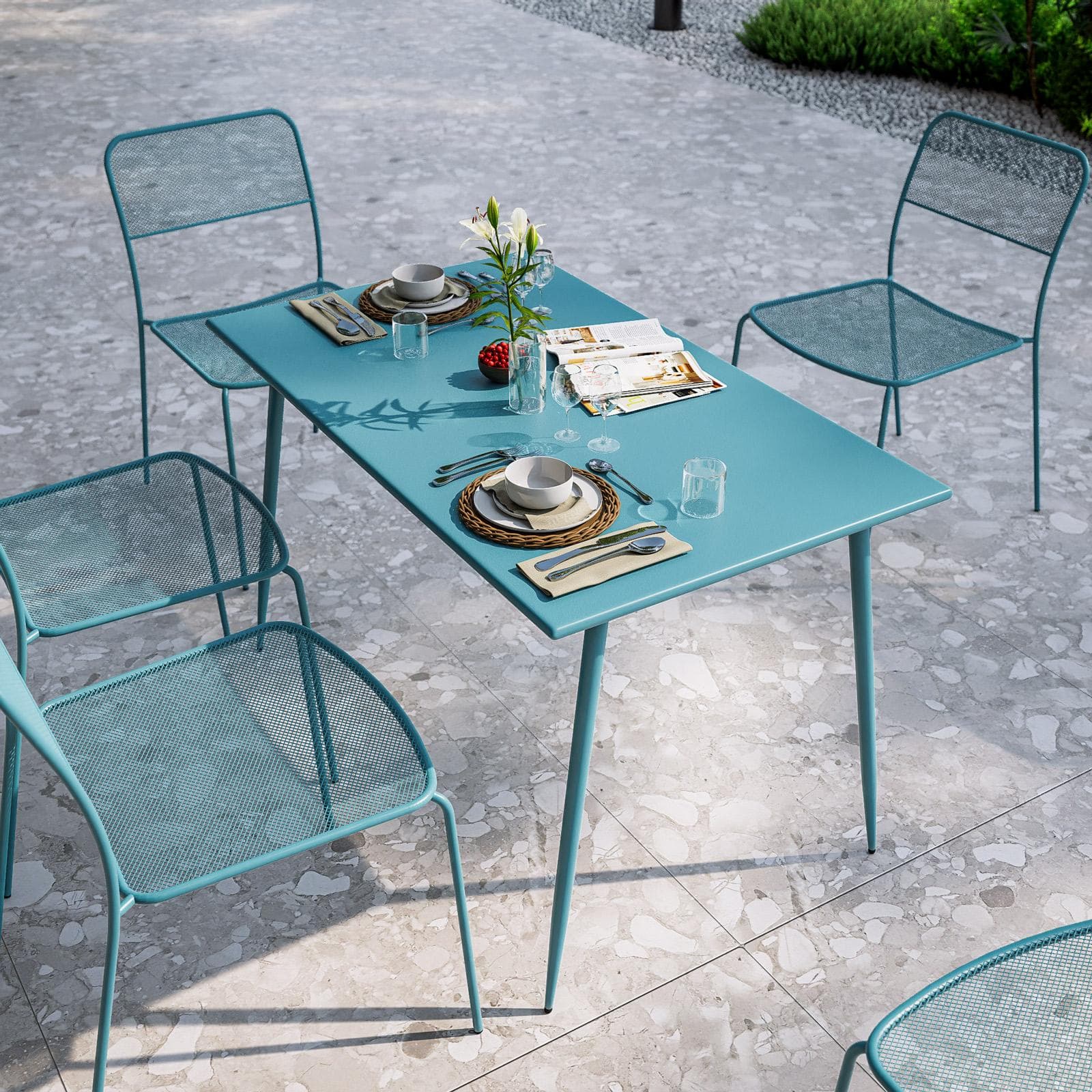 Set pranzo con tavolo 120x70 cm e 4 sedie in acciaio blu maldive - Faber
