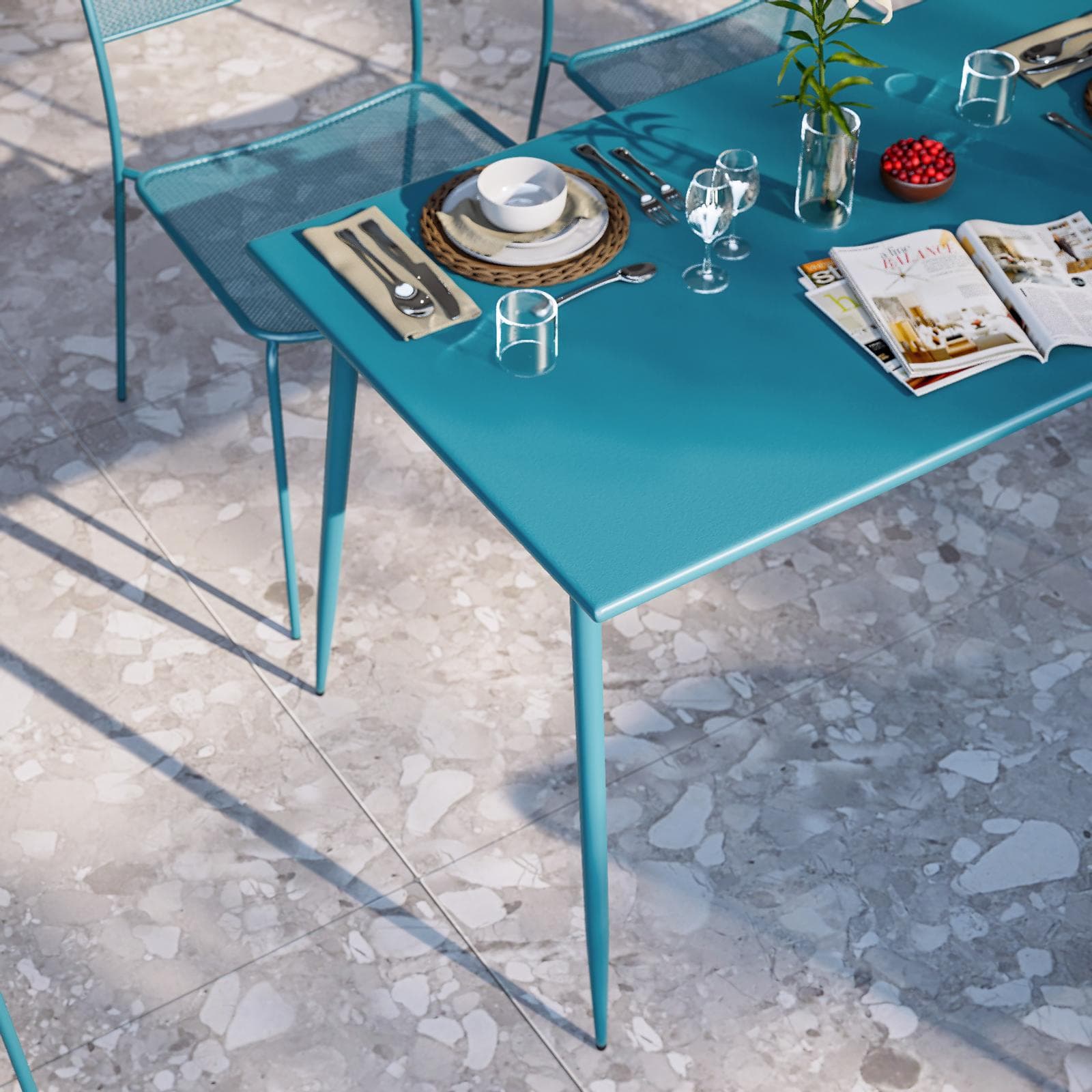 Set pranzo con tavolo 120x70 cm e 4 sedie in acciaio blu maldive - Faber