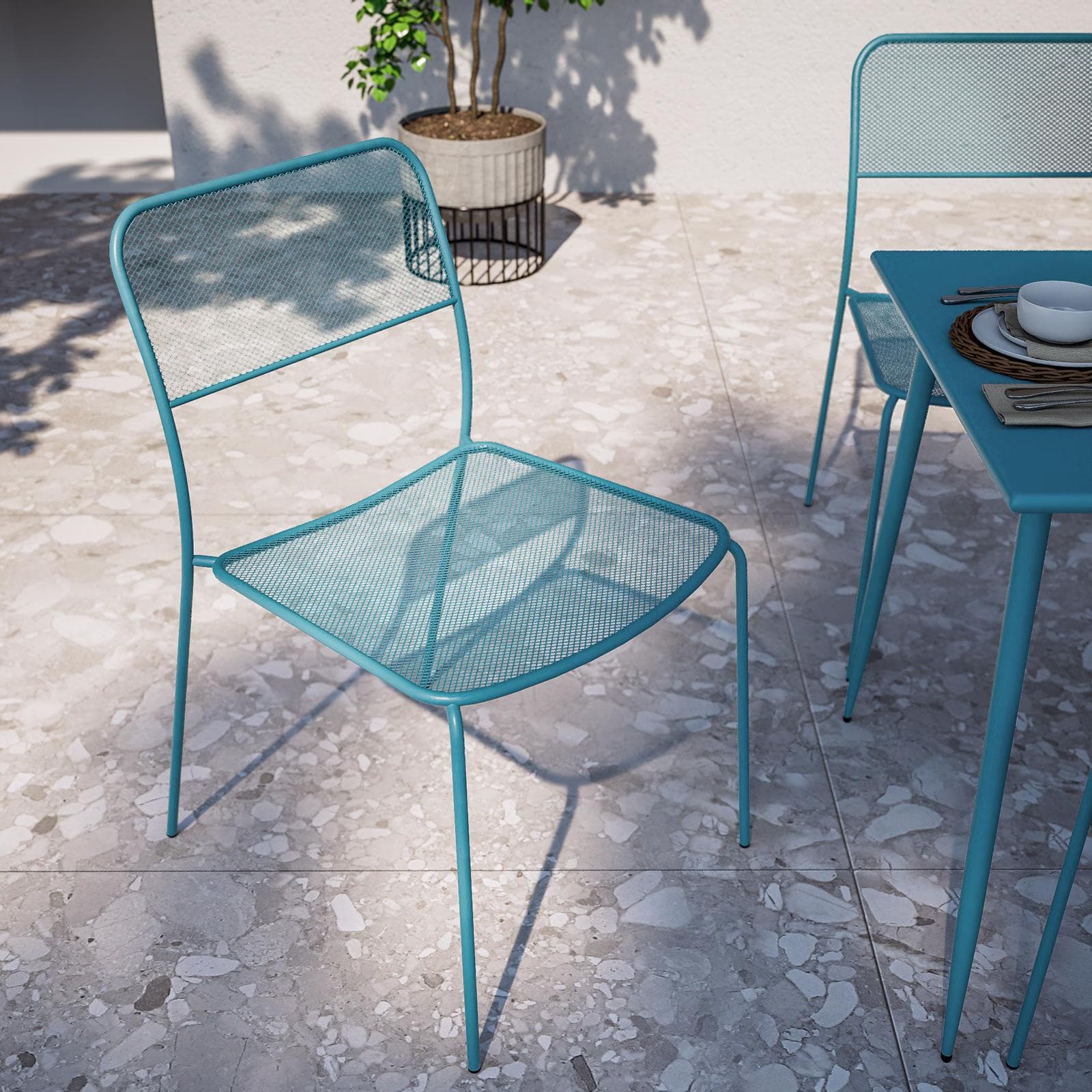 Set pranzo con tavolo 120x70 cm e 4 sedie in acciaio blu maldive - Faber