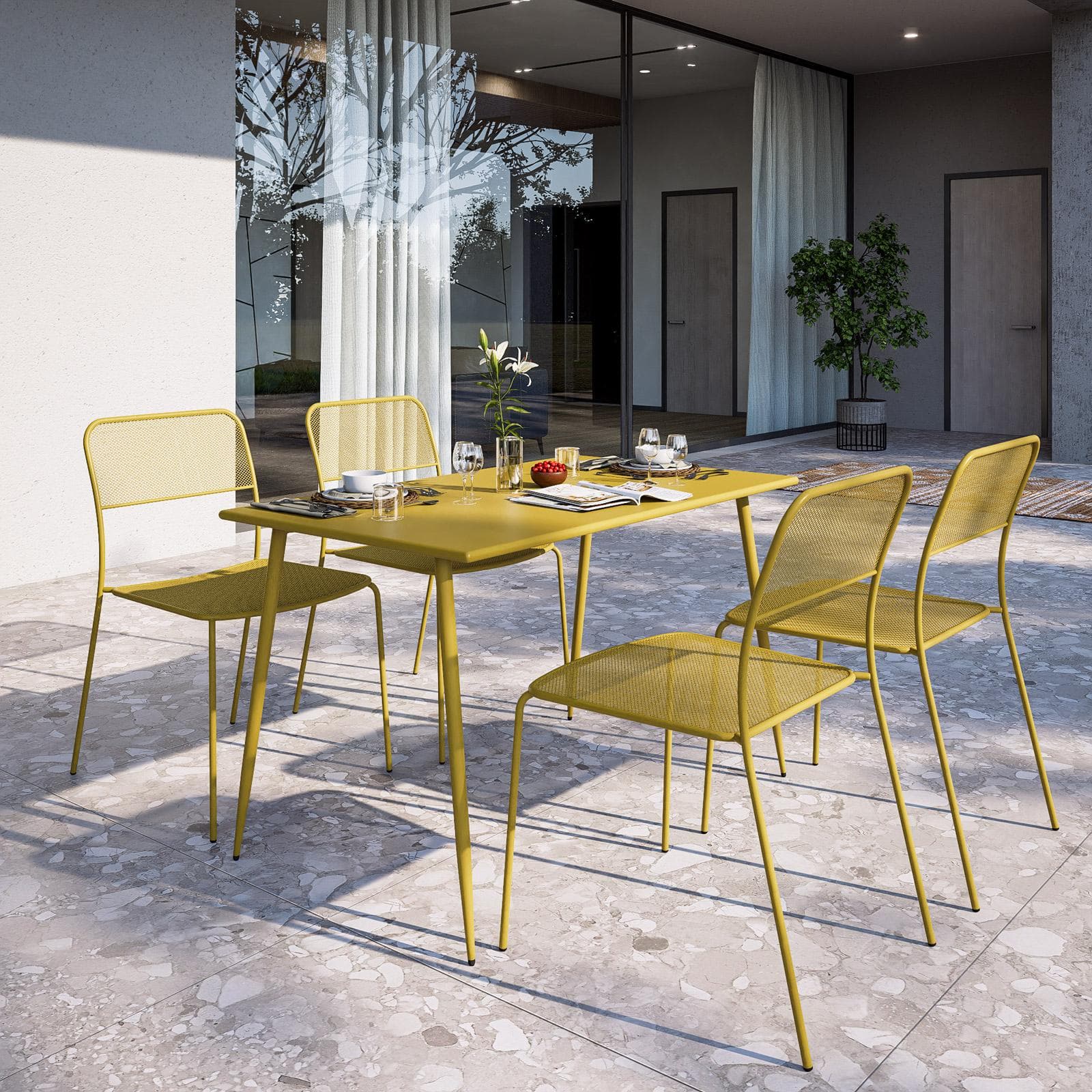 Set pranzo con tavolo 120x70 cm e 4 sedie in acciaio senape - Faber
