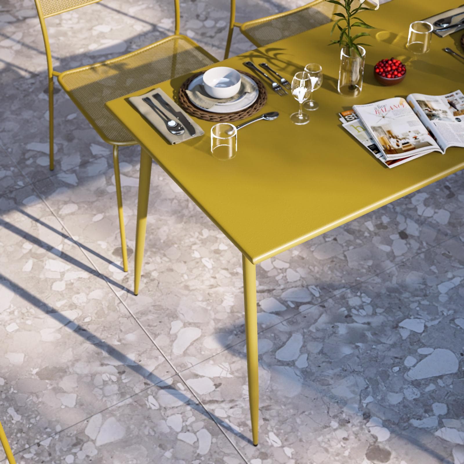Set pranzo con tavolo 120x70 cm e 4 sedie in acciaio senape - Faber