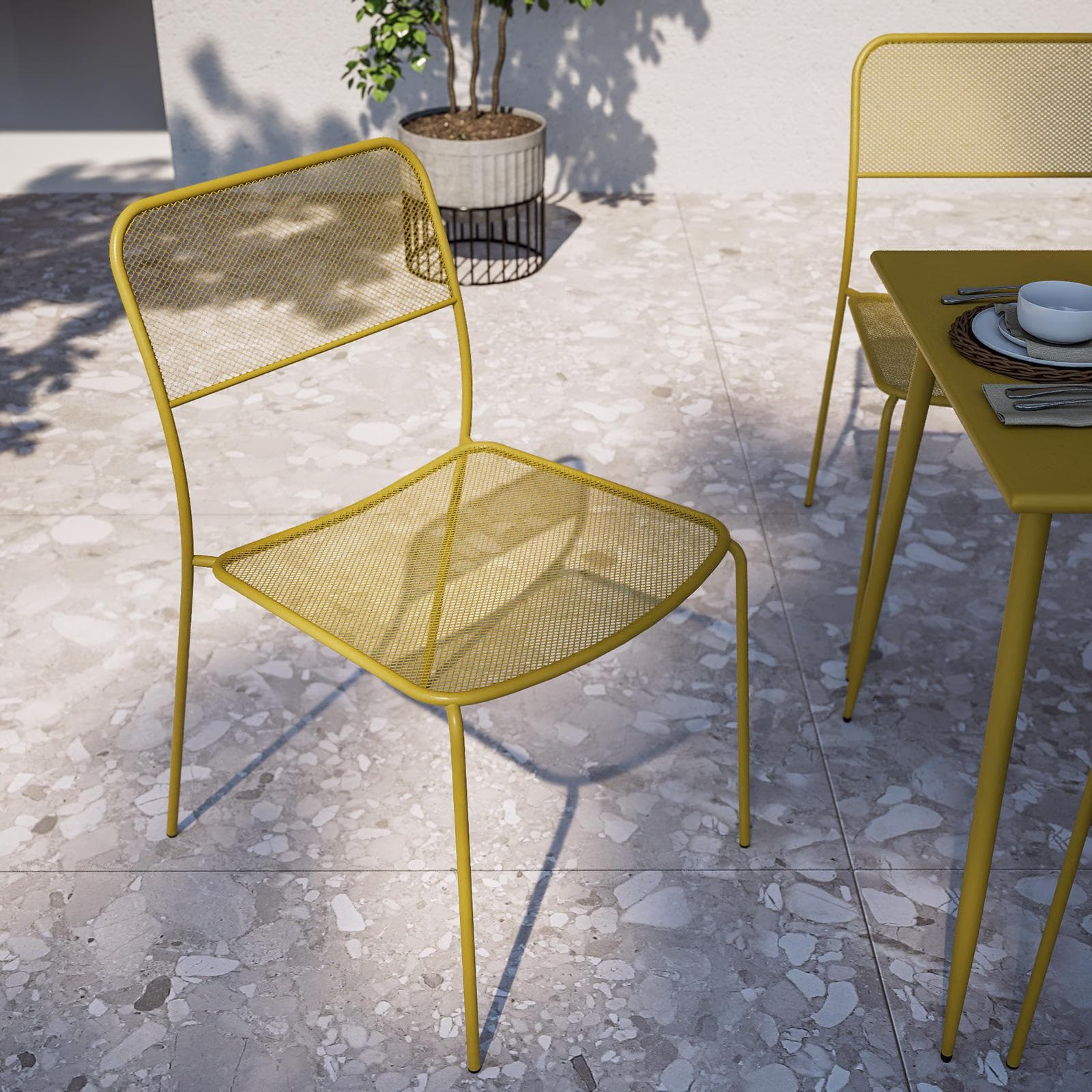 Set pranzo con tavolo 120x70 cm e 4 sedie in acciaio senape - Faber