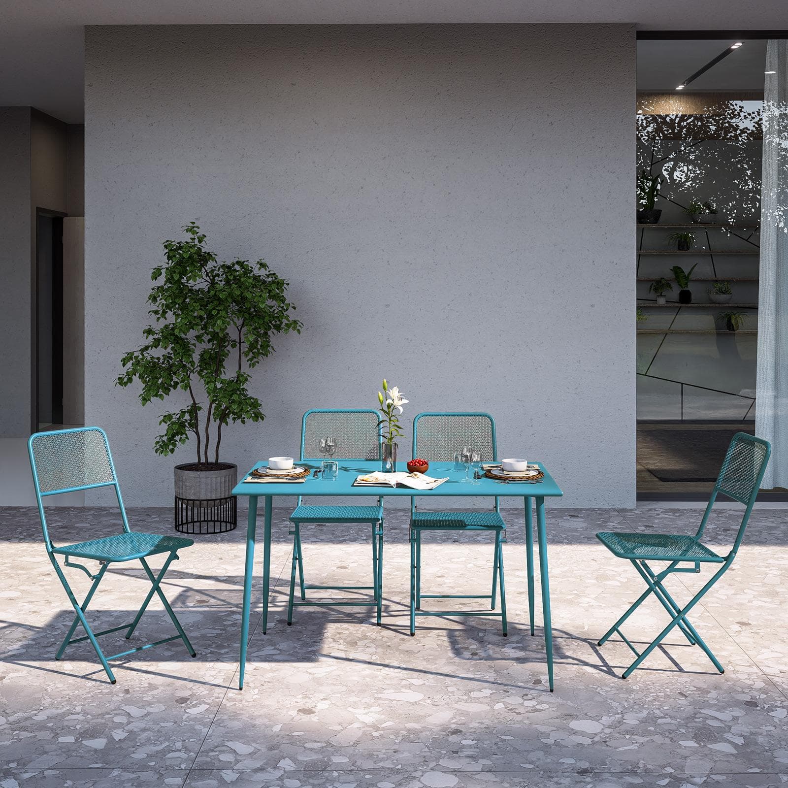 Set pranzo con tavolo 120x70 cm e 4 sedie pieghevoli in acciaio blu maldive - Faber