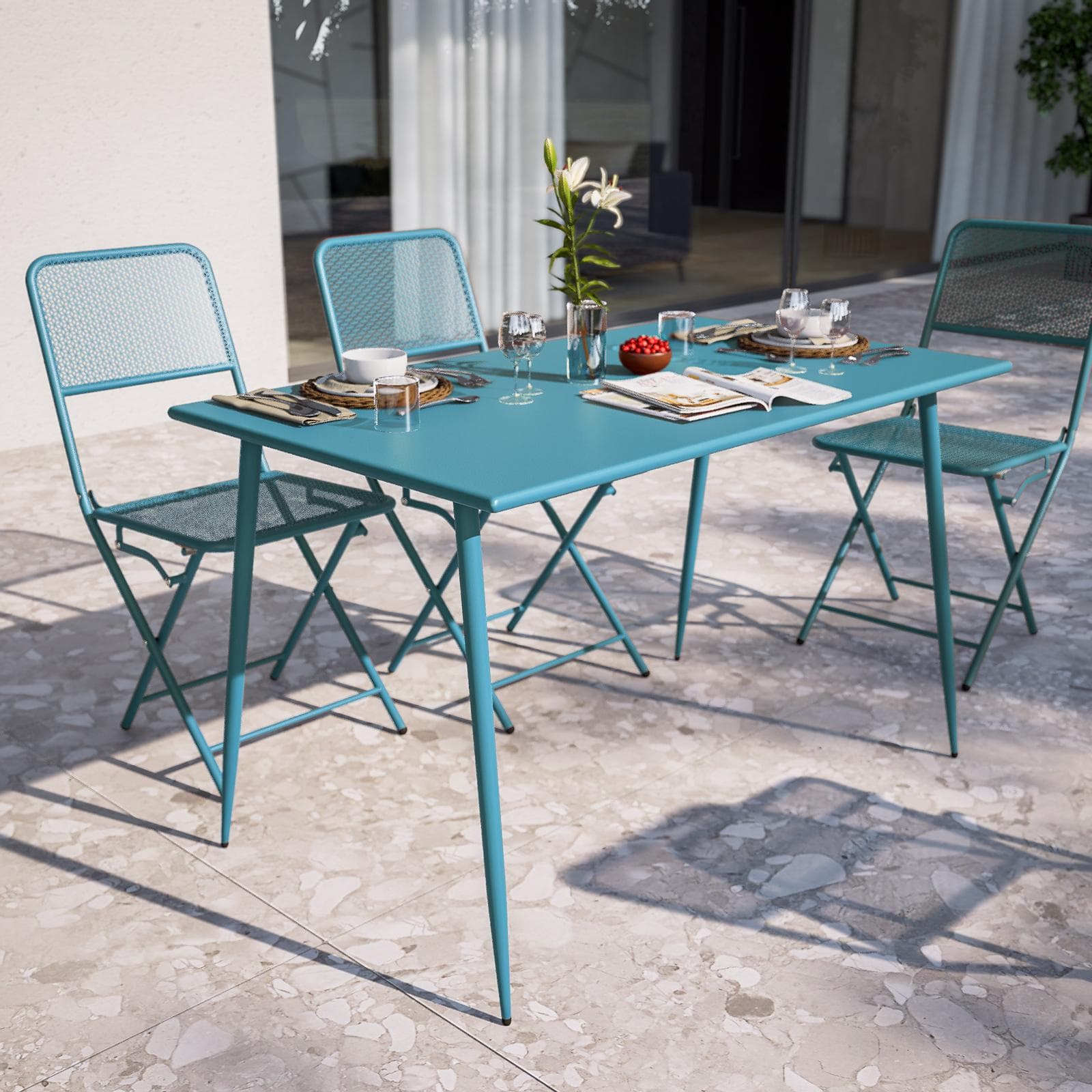 Set pranzo con tavolo 120x70 cm e 4 sedie pieghevoli in acciaio blu maldive - Faber