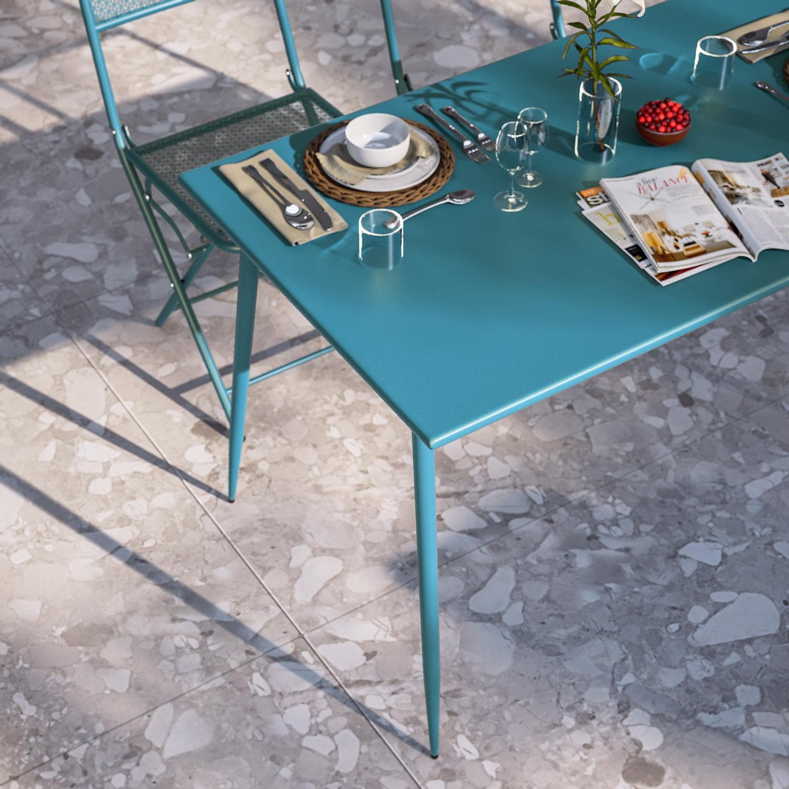 Set pranzo con tavolo 120x70 cm e 4 sedie pieghevoli in acciaio blu maldive - Faber