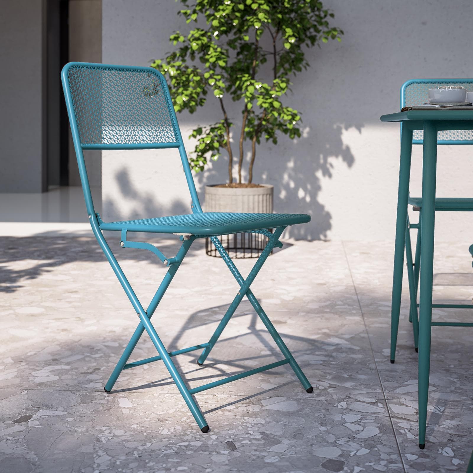 Set pranzo con tavolo 120x70 cm e 4 sedie pieghevoli in acciaio blu maldive - Faber