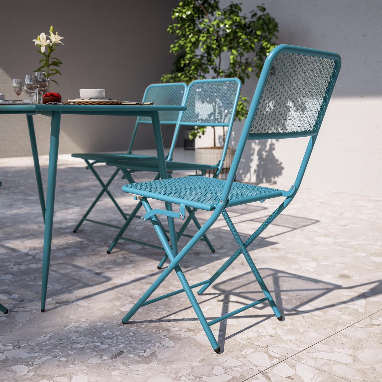 Set pranzo con tavolo 120x70 cm e 4 sedie pieghevoli in acciaio blu maldive - Faber