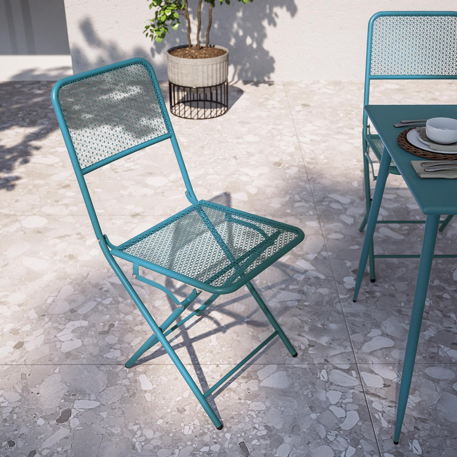 Set pranzo con tavolo 120x70 cm e 4 sedie pieghevoli in acciaio blu maldive - Faber
