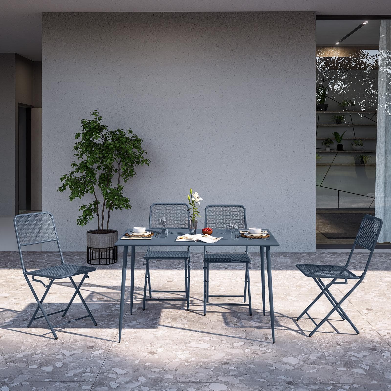 Set pranzo con tavolo 120x70 cm e 4 sedie pieghevoli in acciaio blu oceano - Faber