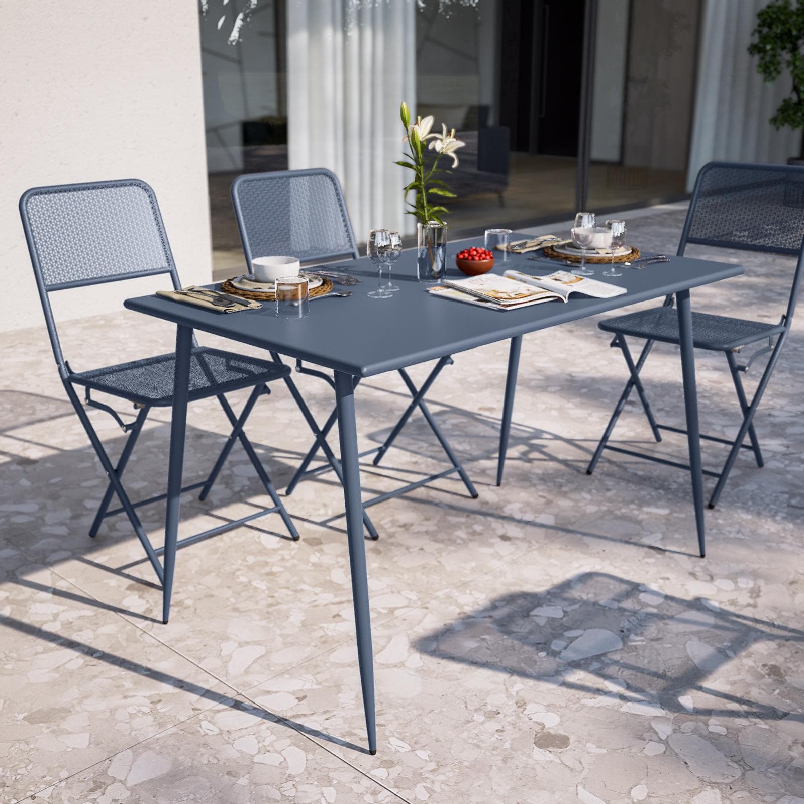 Set pranzo con tavolo 120x70 cm e 4 sedie pieghevoli in acciaio blu oceano - Faber