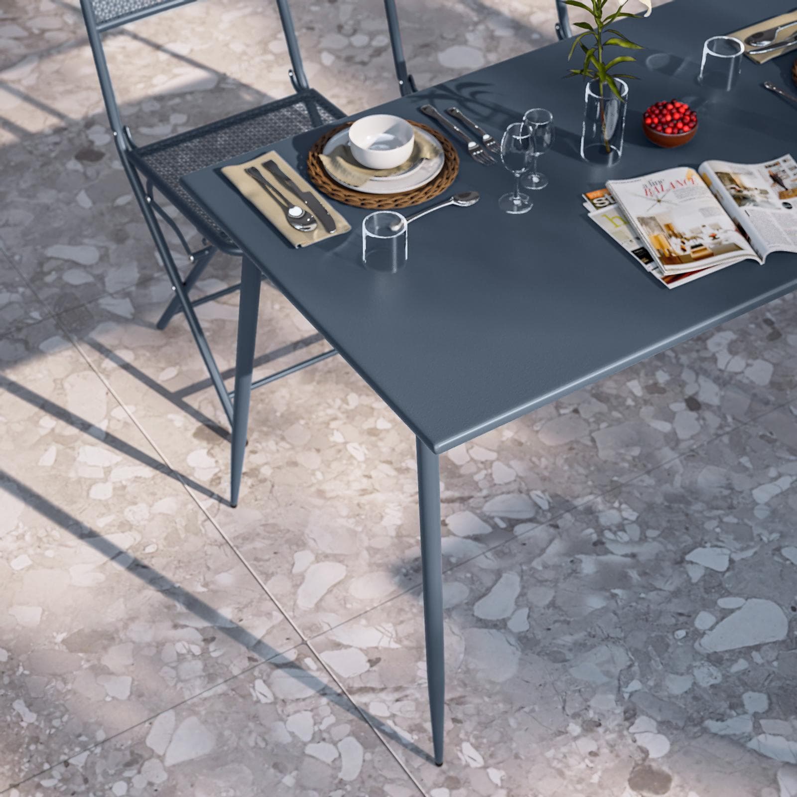 Set pranzo con tavolo 120x70 cm e 4 sedie pieghevoli in acciaio blu oceano - Faber