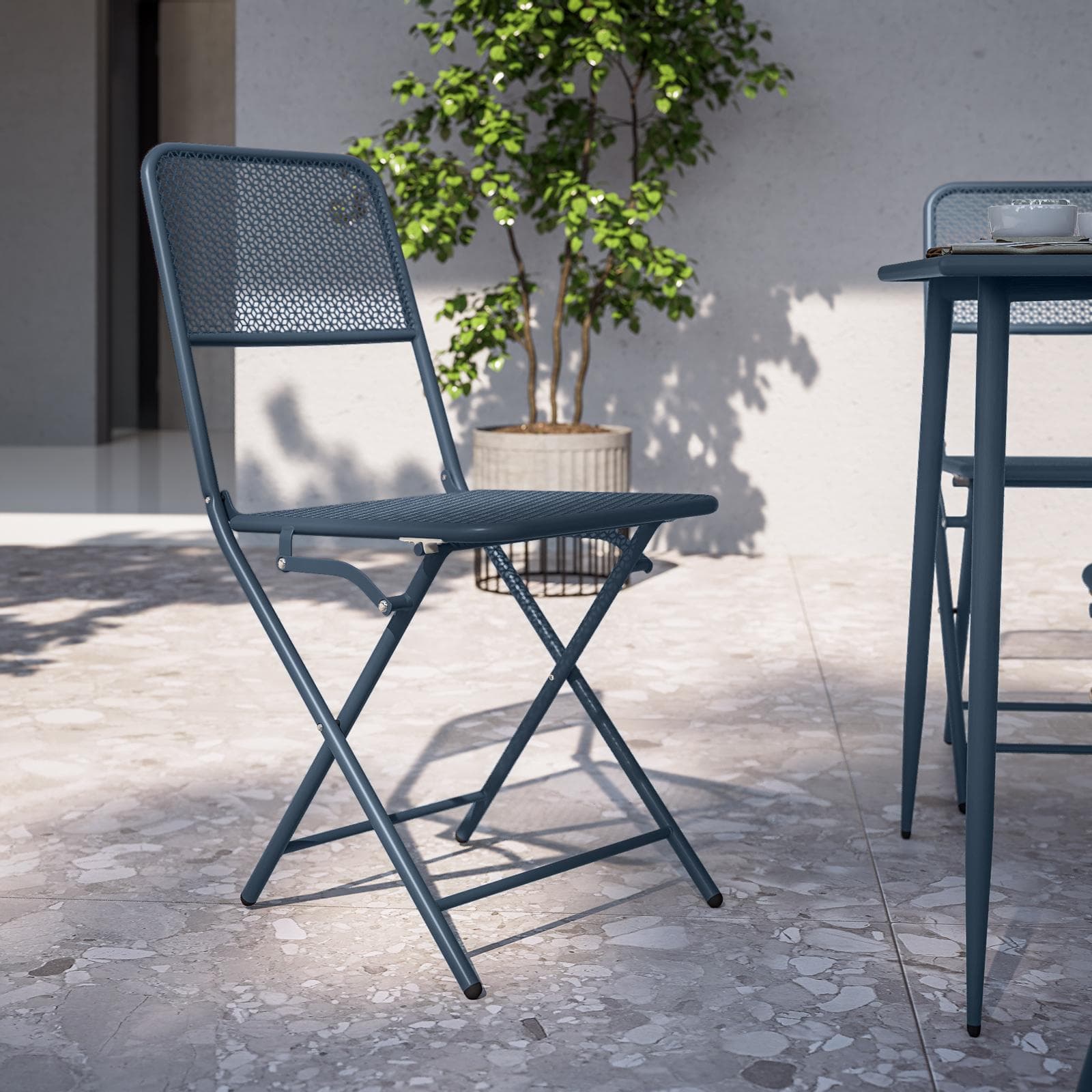 Set pranzo con tavolo 120x70 cm e 4 sedie pieghevoli in acciaio blu oceano - Faber